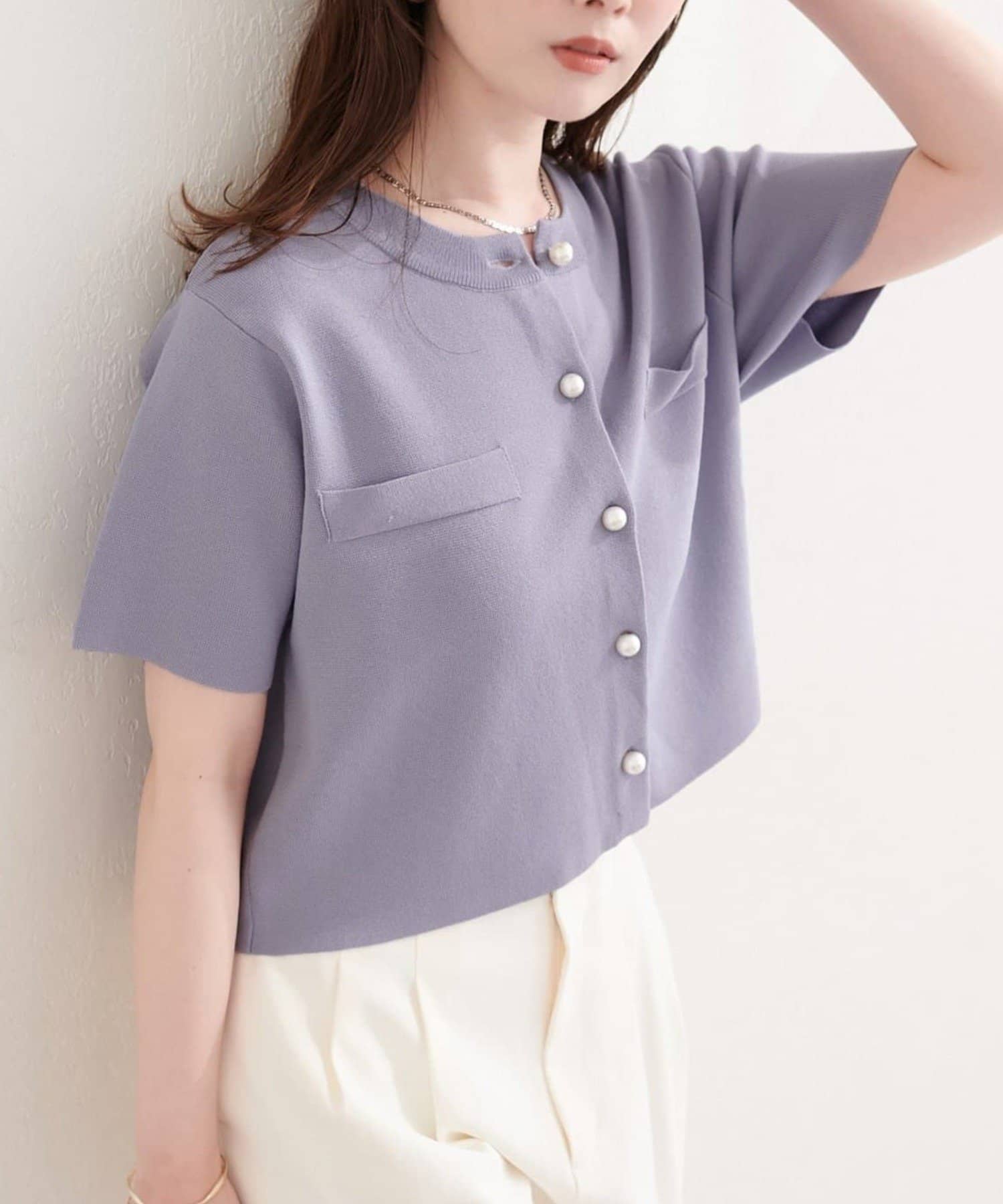 NICE CLAUP / OLIVE des OLIVE OUTLET(ナイスクラップ  / オリーブ デ オリーブ アウトレット) 【natural couture】パール釦半袖ニットカーディガン
