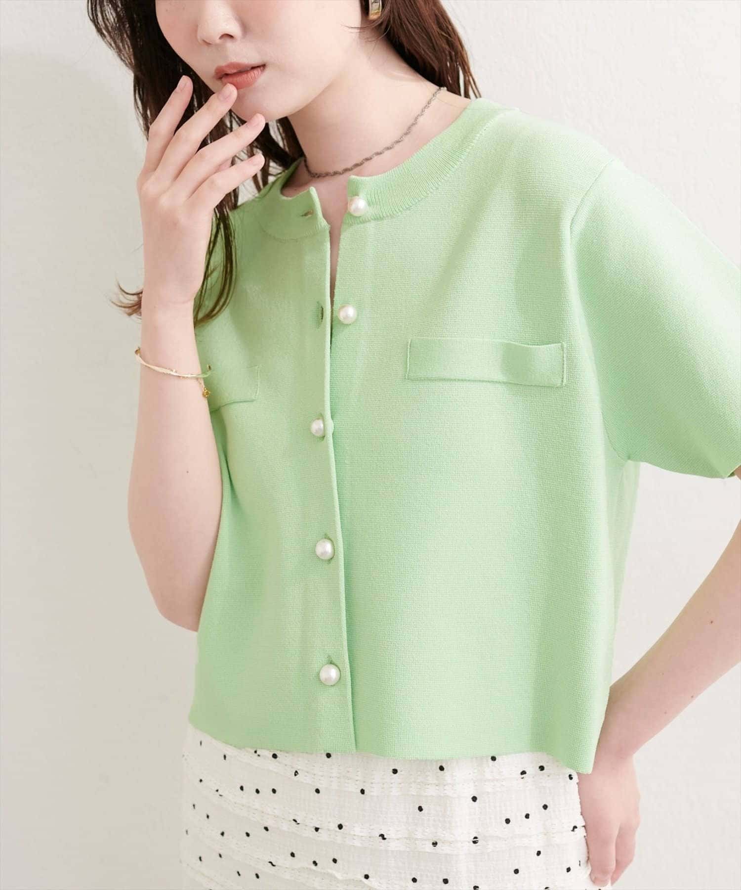 NICE CLAUP / OLIVE des OLIVE OUTLET(ナイスクラップ  / オリーブ デ オリーブ アウトレット) 【natural couture】パール釦半袖ニットカーディガン