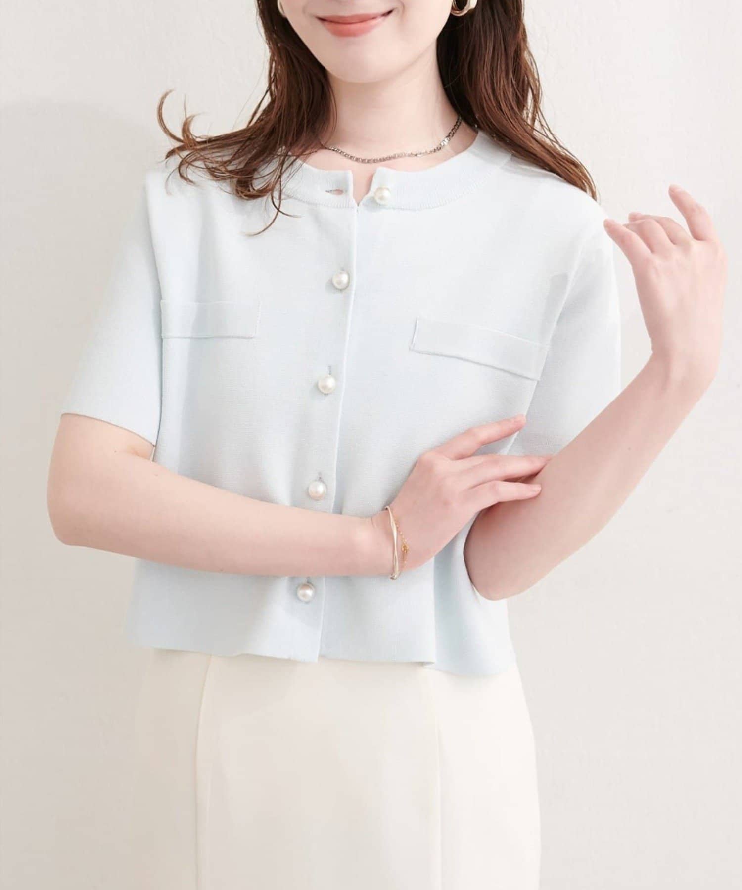 NICE CLAUP / OLIVE des OLIVE OUTLET(ナイスクラップ  / オリーブ デ オリーブ アウトレット) 【natural couture】パール釦半袖ニットカーディガン