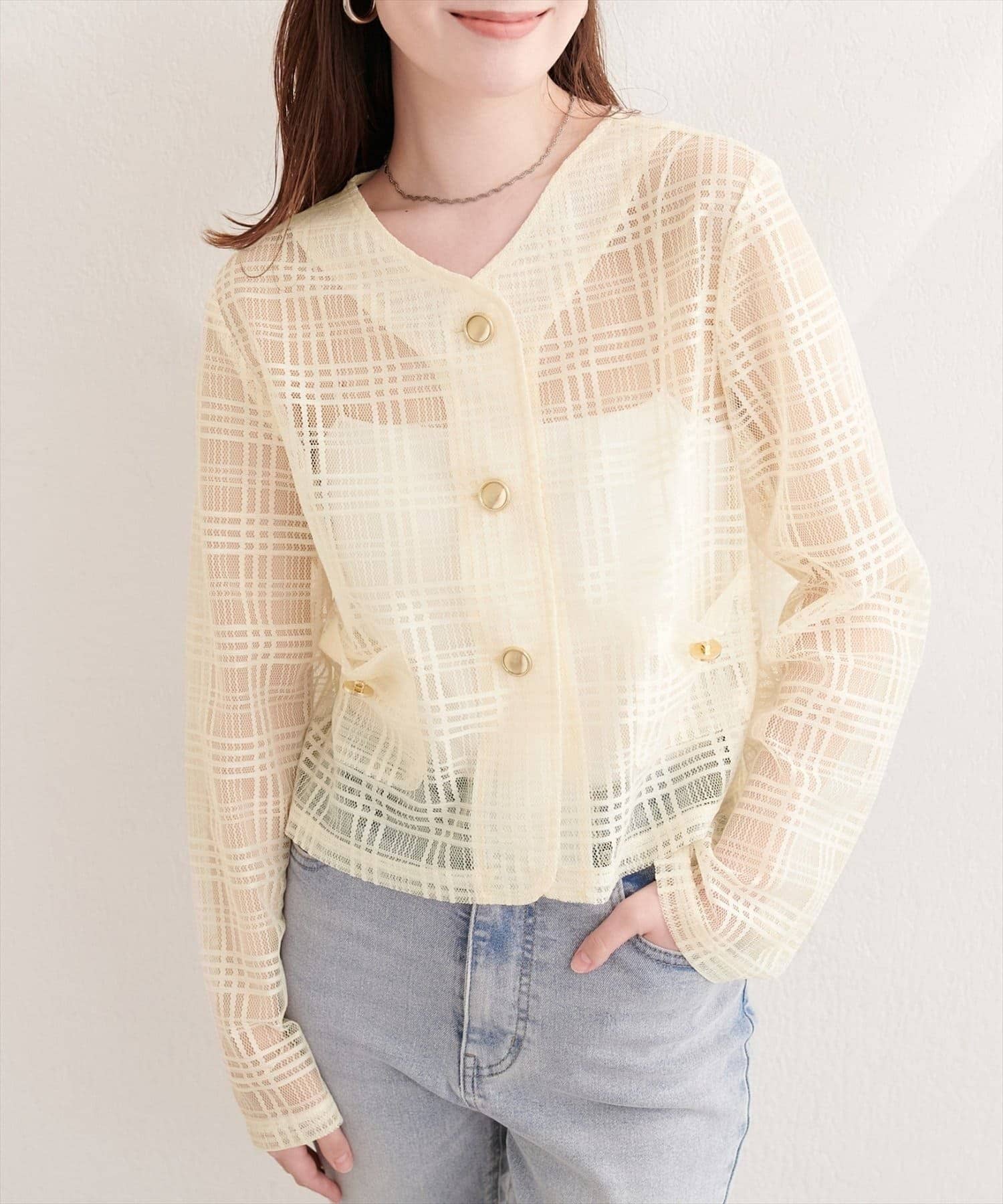 NICE CLAUP / OLIVE des OLIVE OUTLET(ナイスクラップ  / オリーブ デ オリーブ アウトレット) 【natural couture】シアーチェックノーカラーショートジャケット