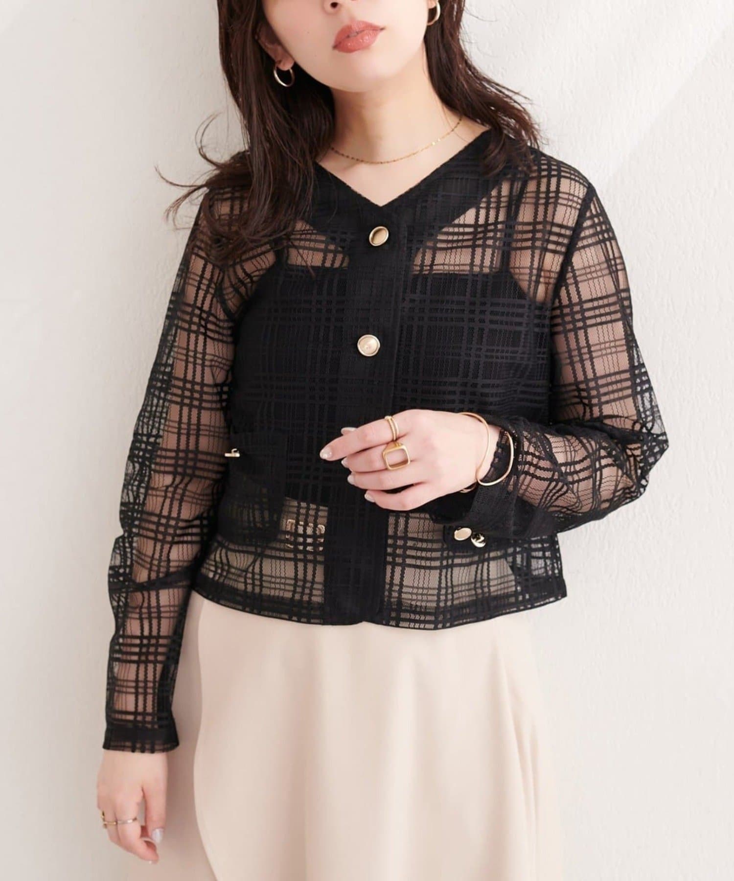 NICE CLAUP / OLIVE des OLIVE OUTLET(ナイスクラップ  / オリーブ デ オリーブ アウトレット) 【natural couture】シアーチェックノーカラーショートジャケット