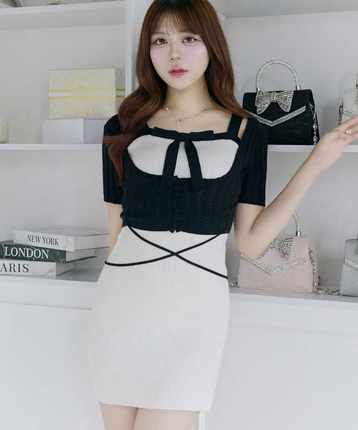 Belle Charme(ベルシャルム) Ribbon Rib Knit Onepiece