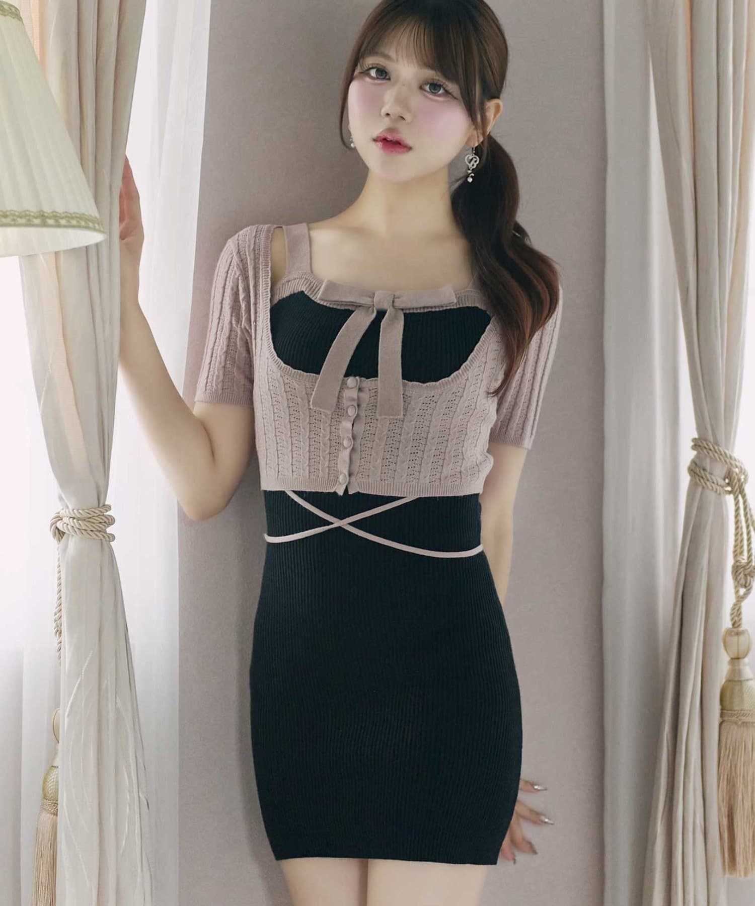Belle Charme(ベルシャルム) Ribbon Rib Knit Onepiece