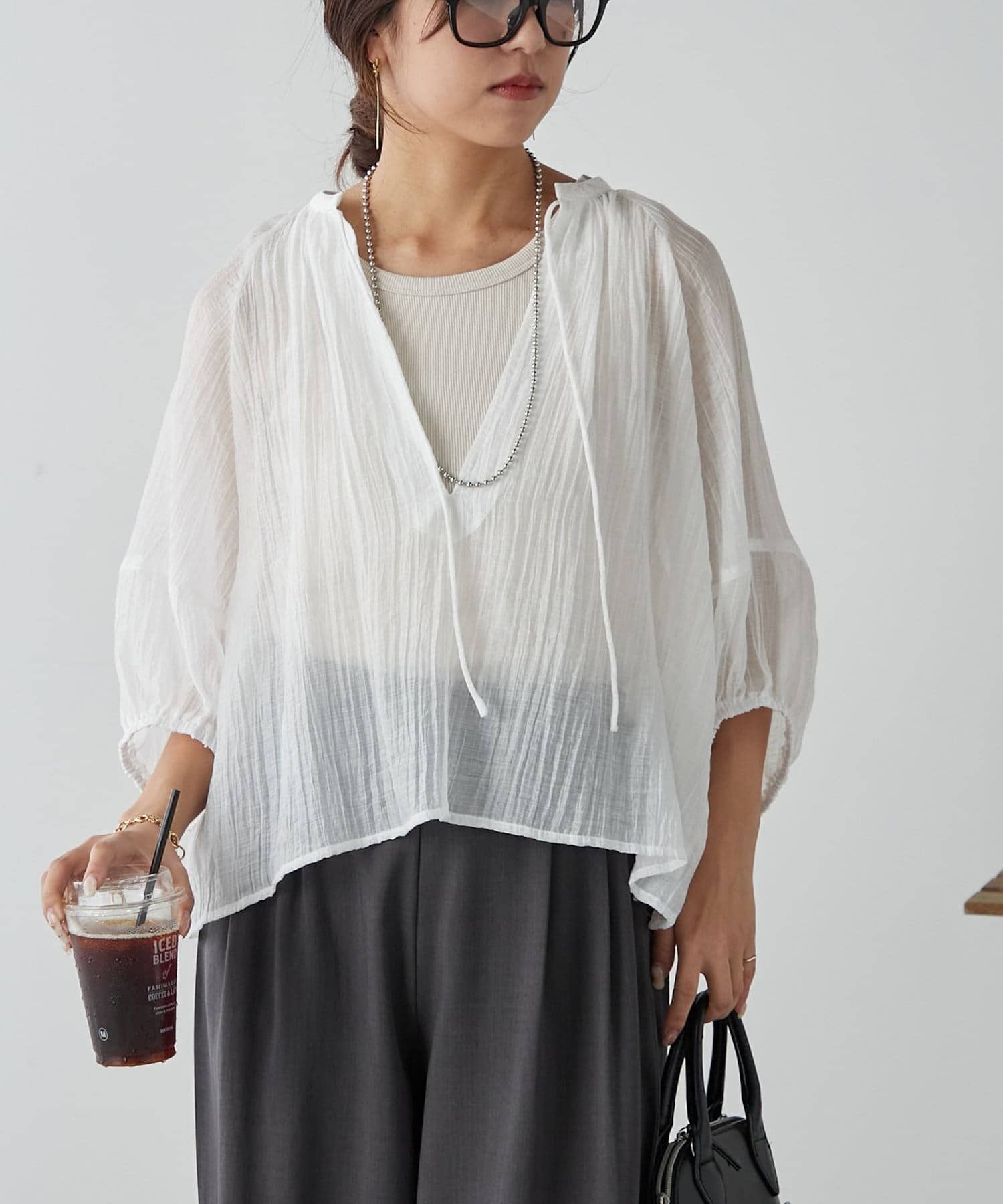 NICE CLAUP / OLIVE des OLIVE OUTLET(ナイスクラップ  / オリーブ デ オリーブ アウトレット) 【RMAF】《お顔すっきり見え》ランタンスリーブ楊柳ブラウス