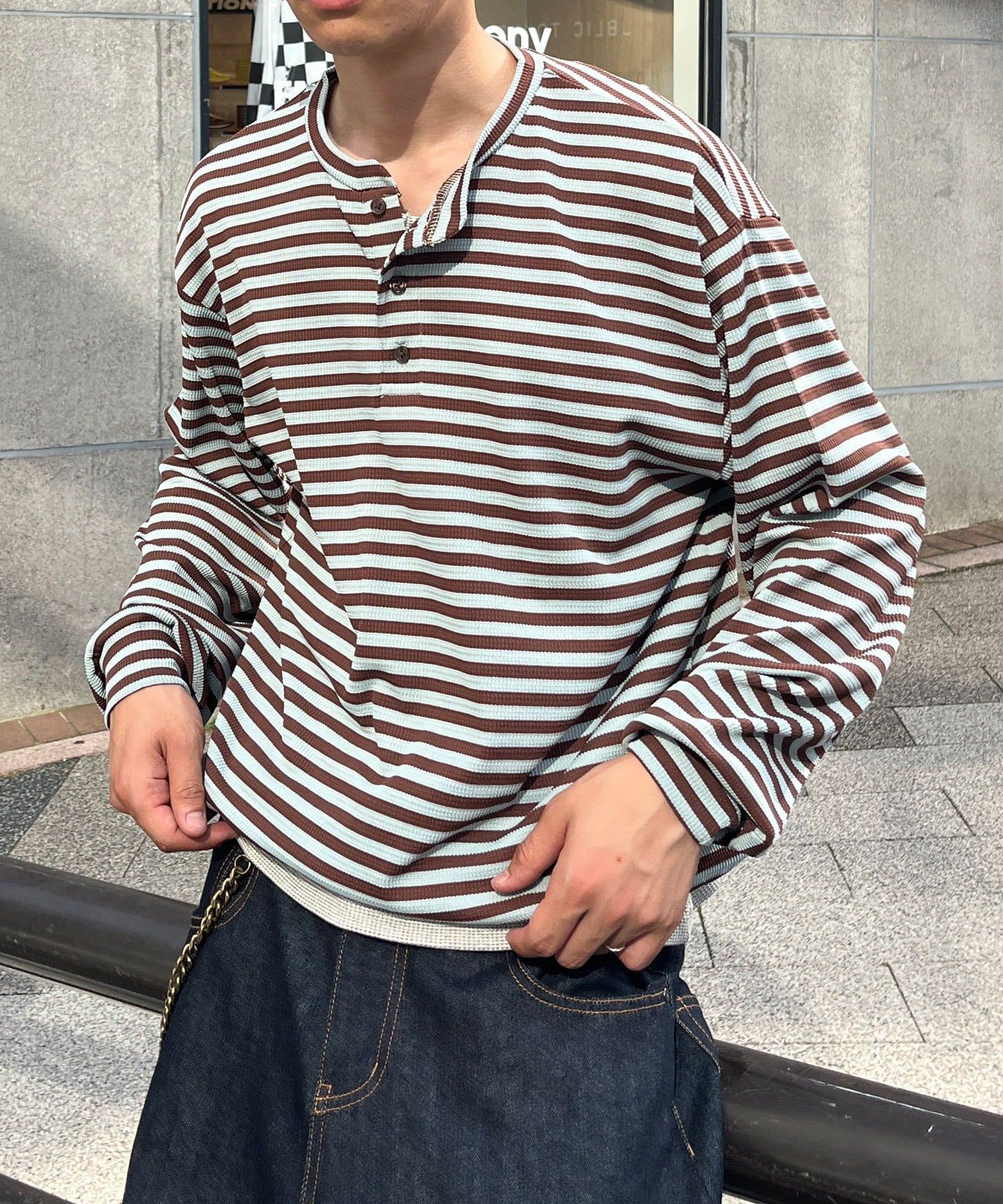 CIAOPANIC(チャオパニック) ボーダーワッフルヘンリーネックロンT