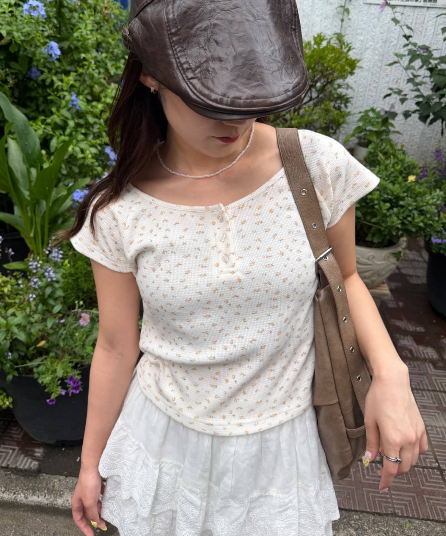 w closet(ダブルクローゼット) 【小花柄・ドット】ヘンリーTシャツ