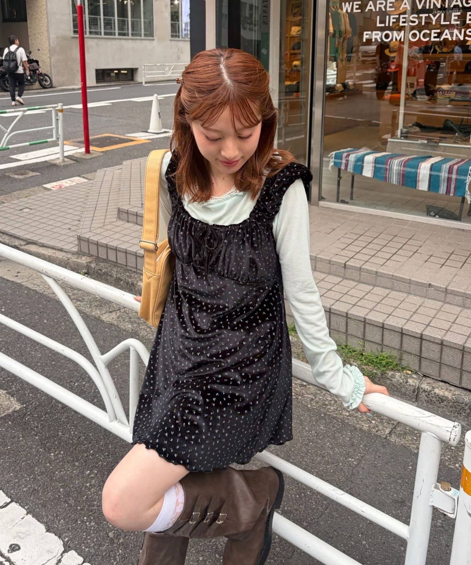 CIAOPANIC(チャオパニック) 【7/12(日)0:00～予約販売開始】（ドット柄/花柄）ショルダーギャザーベロアチュニックワンピース