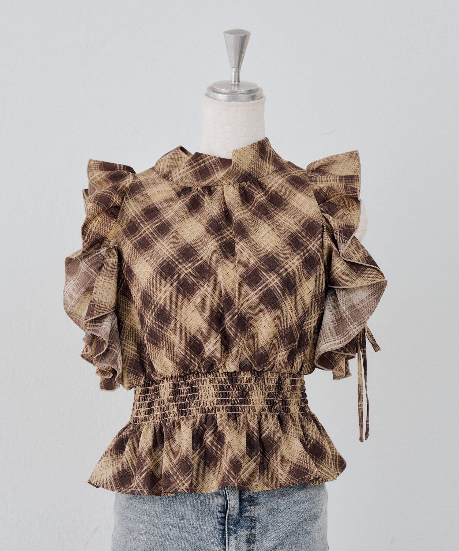 NICE CLAUP / OLIVE des OLIVE OUTLET(ナイスクラップ  / オリーブ デ オリーブ アウトレット) 【ANOTHER BRANCH】シアーチェックフリルオープンショルダーブラウス