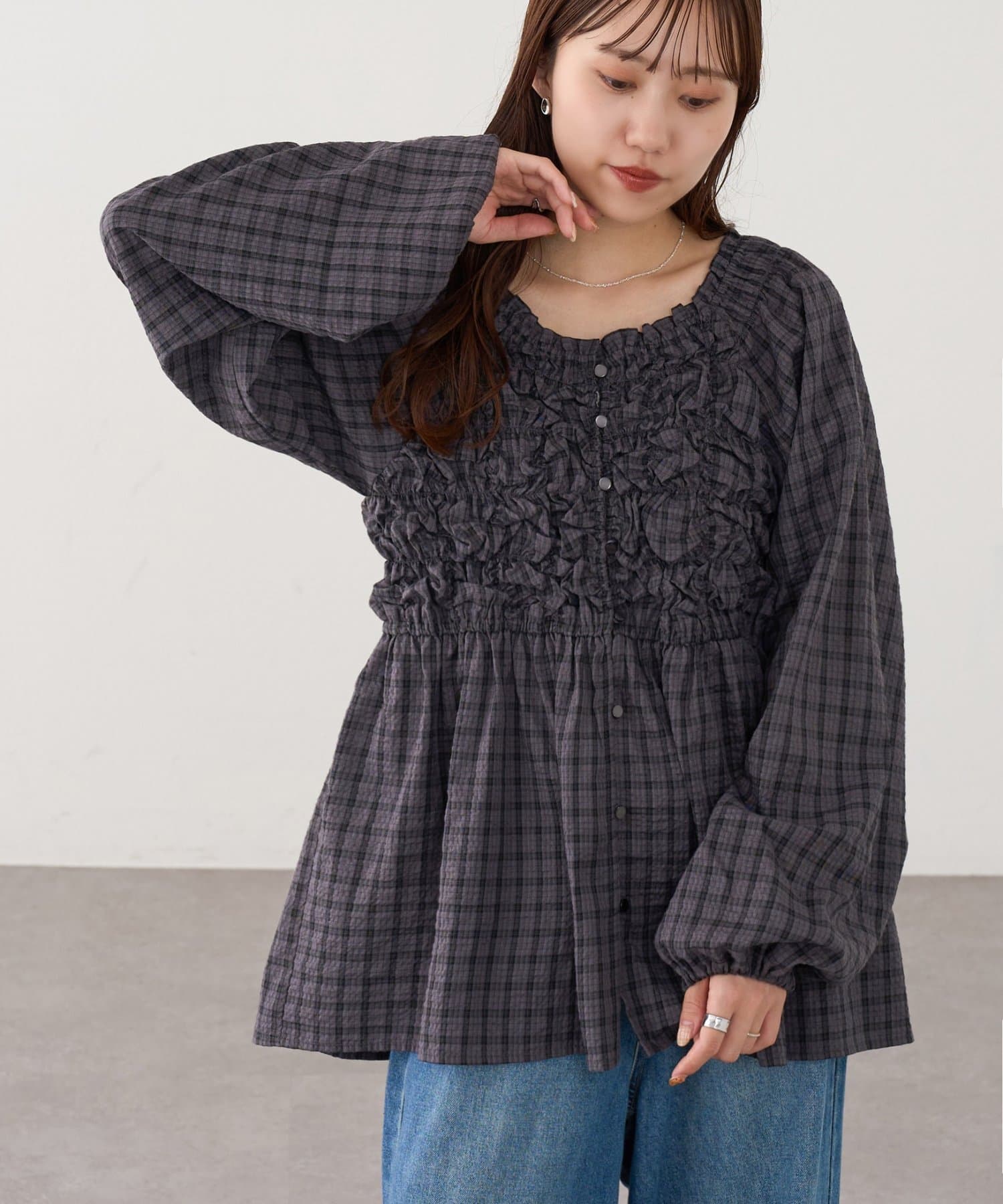 DISCOAT(ディスコート) チェック柄シャーリングチュニック
