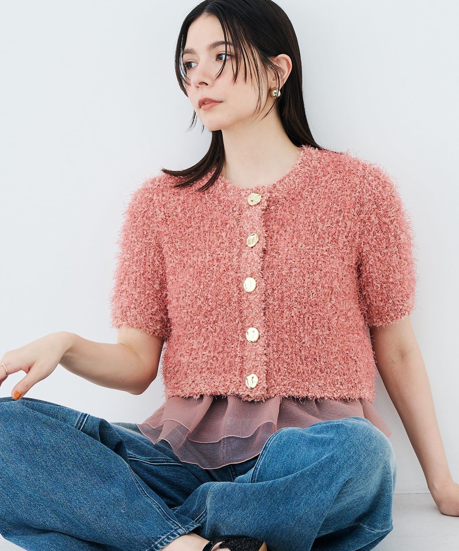 NOLLEY'S(ノーリーズ) 裾フリルキャミ付きファンシーヤーン5分袖カーディガン
