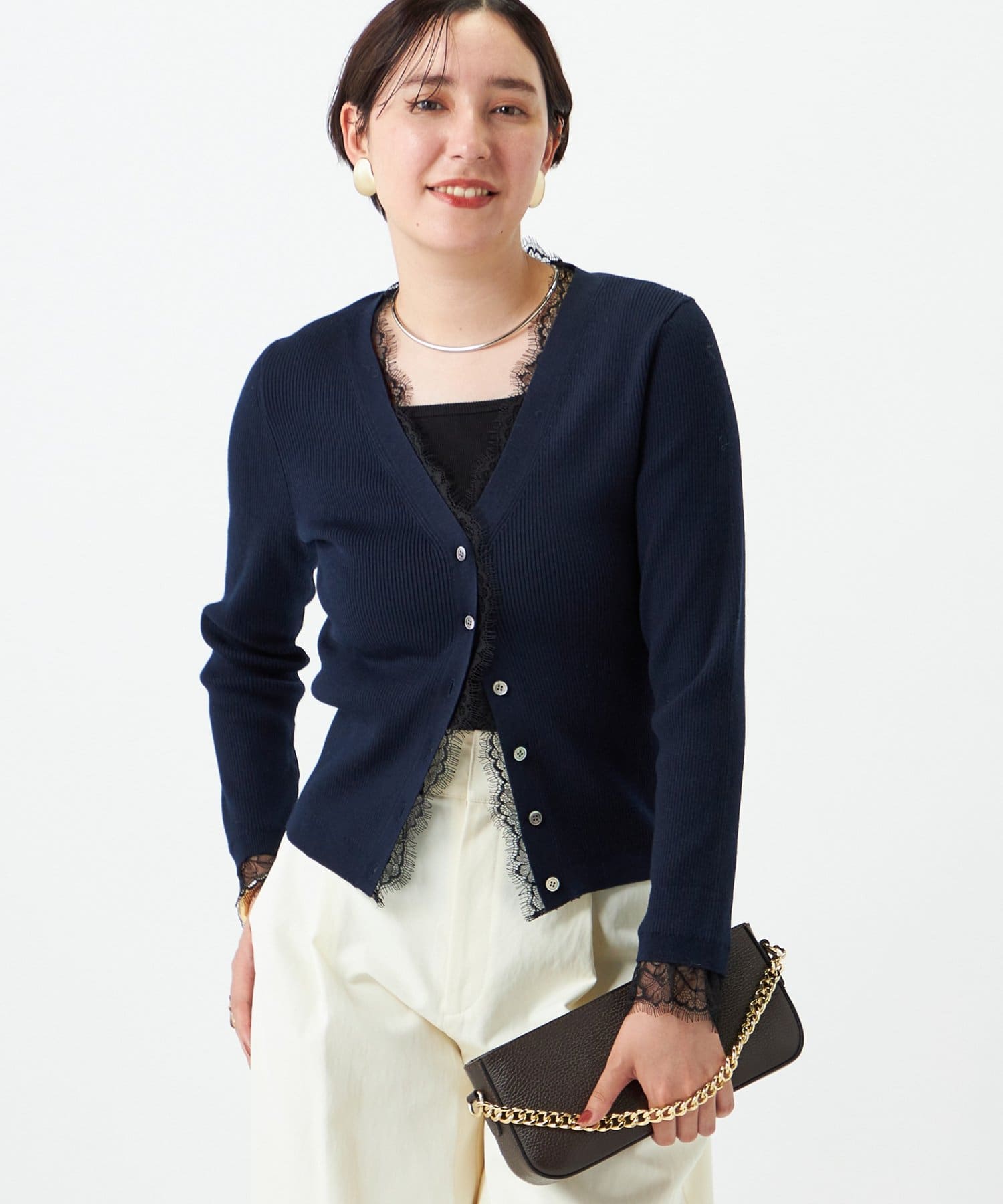 NOLLEY'S(ノーリーズ) 《手洗い可能》レース付きリブVネックカーディガン