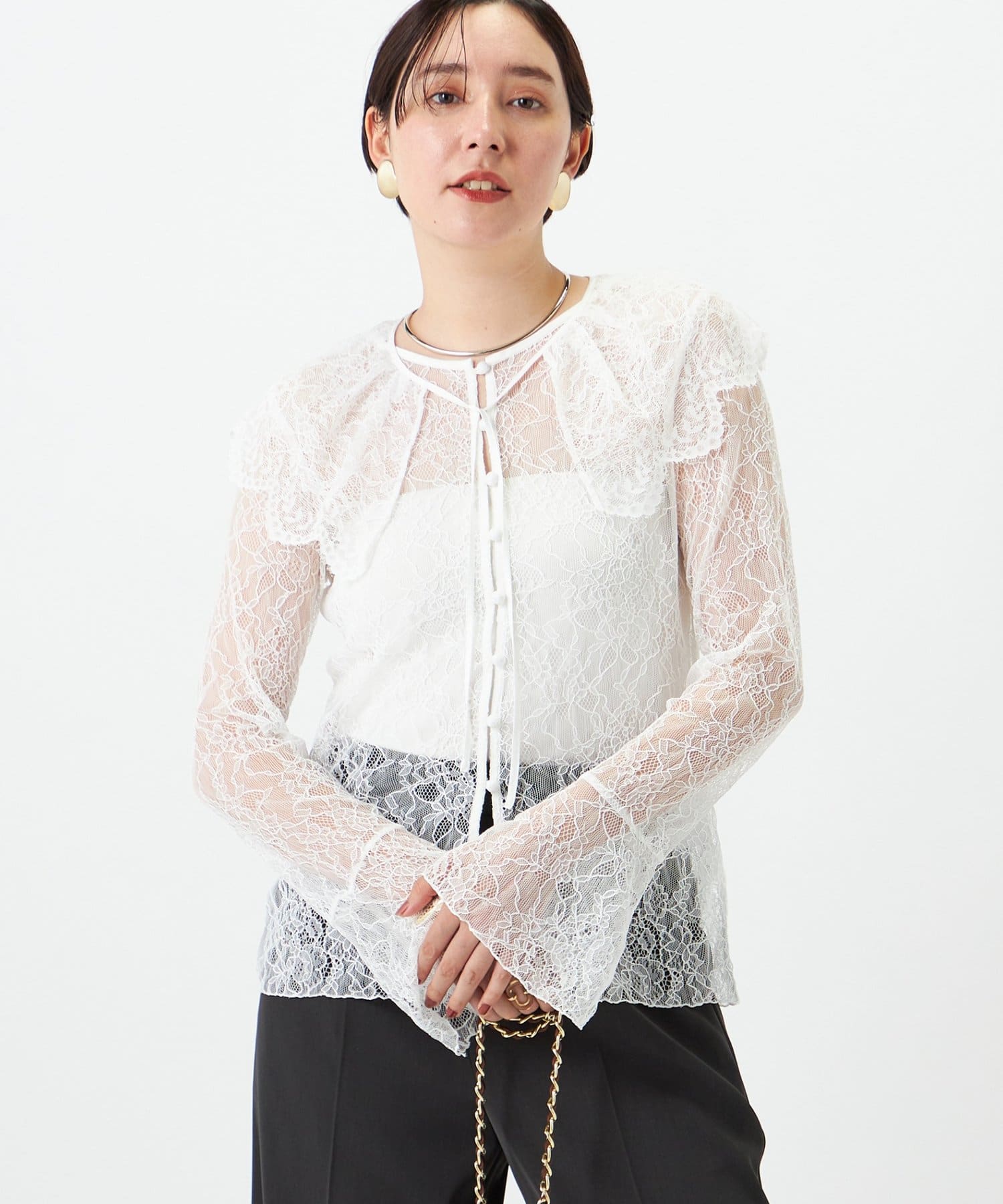 NOLLEY'S(ノーリーズ) 《セットアップ対応》ウォッシャブルラッセルレース付け襟ブラウス