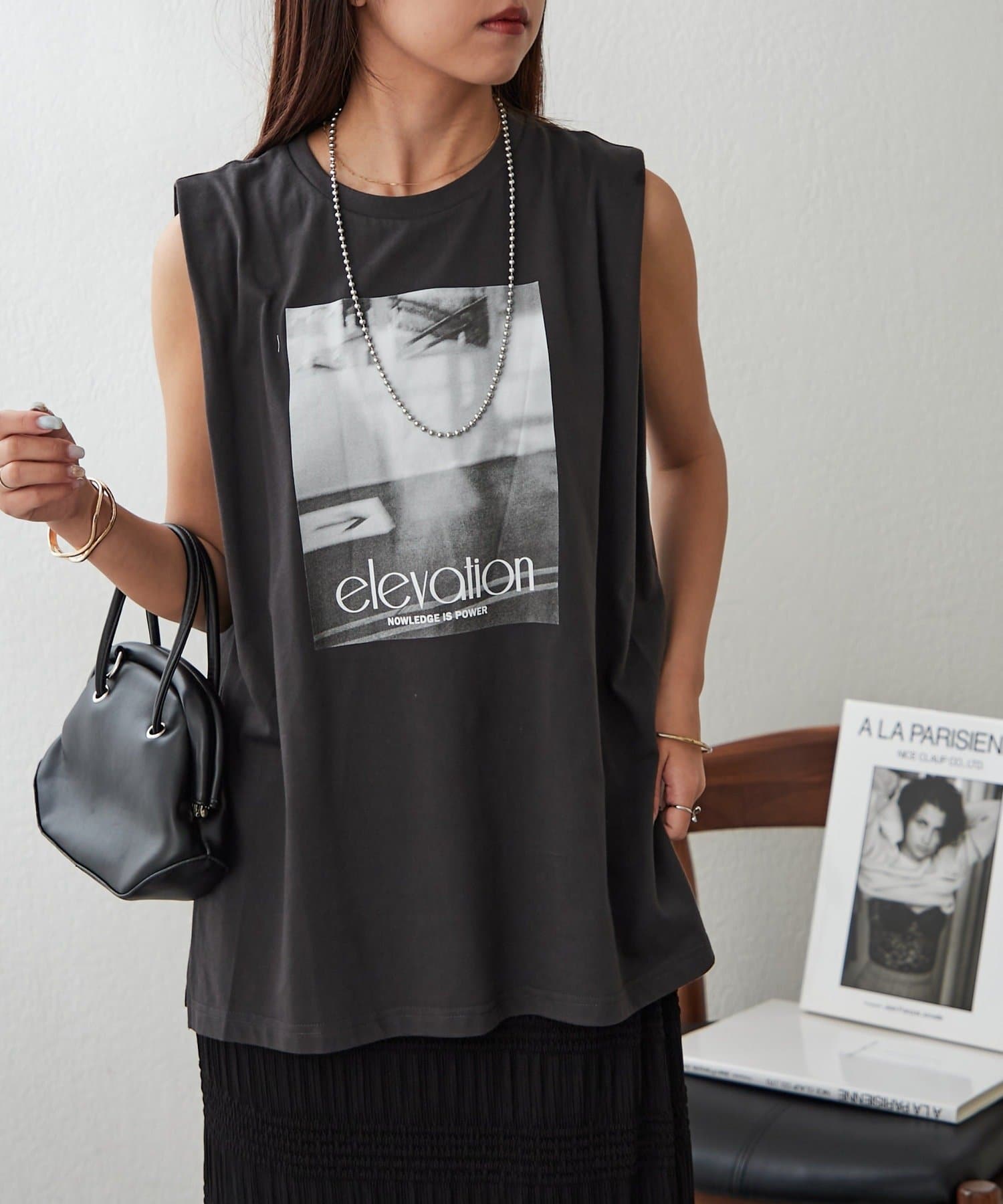 NICE CLAUP / OLIVE des OLIVE OUTLET(ナイスクラップ  / オリーブ デ オリーブ アウトレット) 【RMAF】フォト＆ロゴタックノースリカットソー
