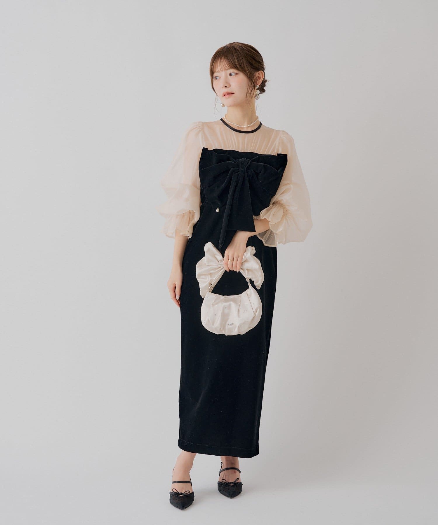 Chico(チコ) 4色/サイズ展開＜オケージョンドレス＞【SALON by Chico】配色シアーリボンベロアワンピース/お気に入り急上昇/ロングセラー/一部店舗限定再入荷