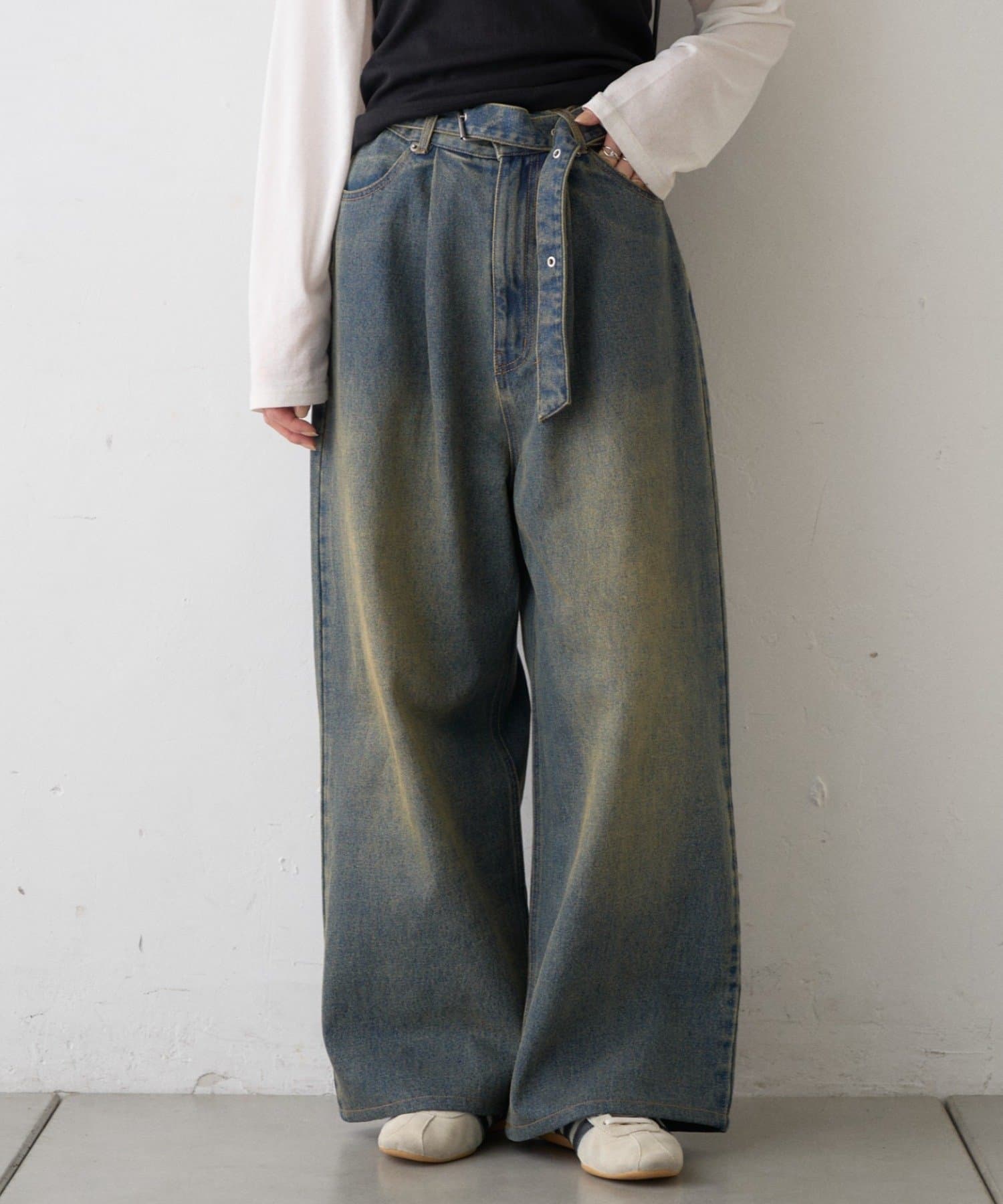 CIAOPANIC TYPY(チャオパニックティピー) 【UNISEX】ベルト付きオーバーダイ加工ワイドデニムパンツ