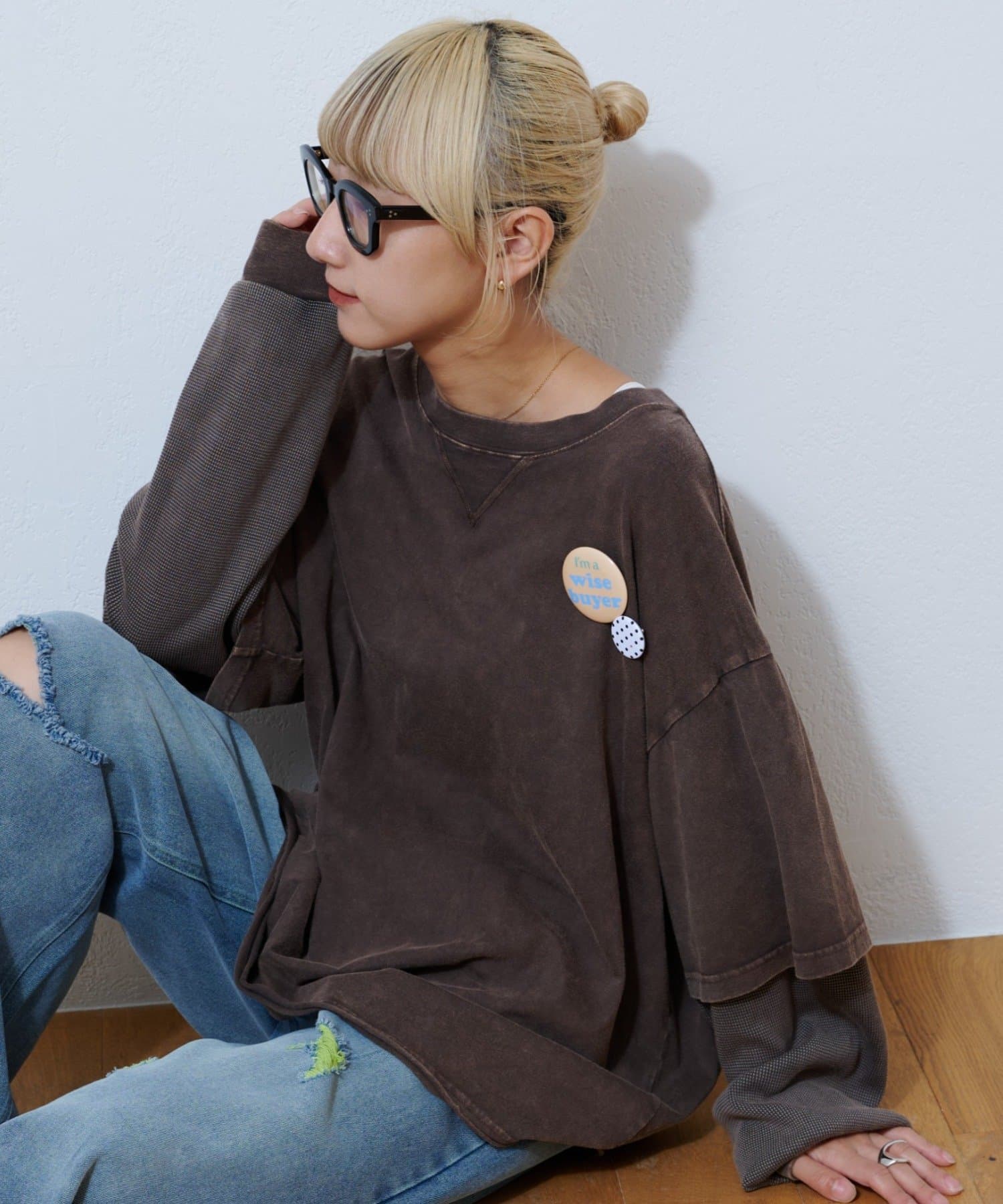 CIAOPANIC TYPY(チャオパニックティピー) アシッドウォッシュ加工フェイクレイヤードワッフルロンTEE