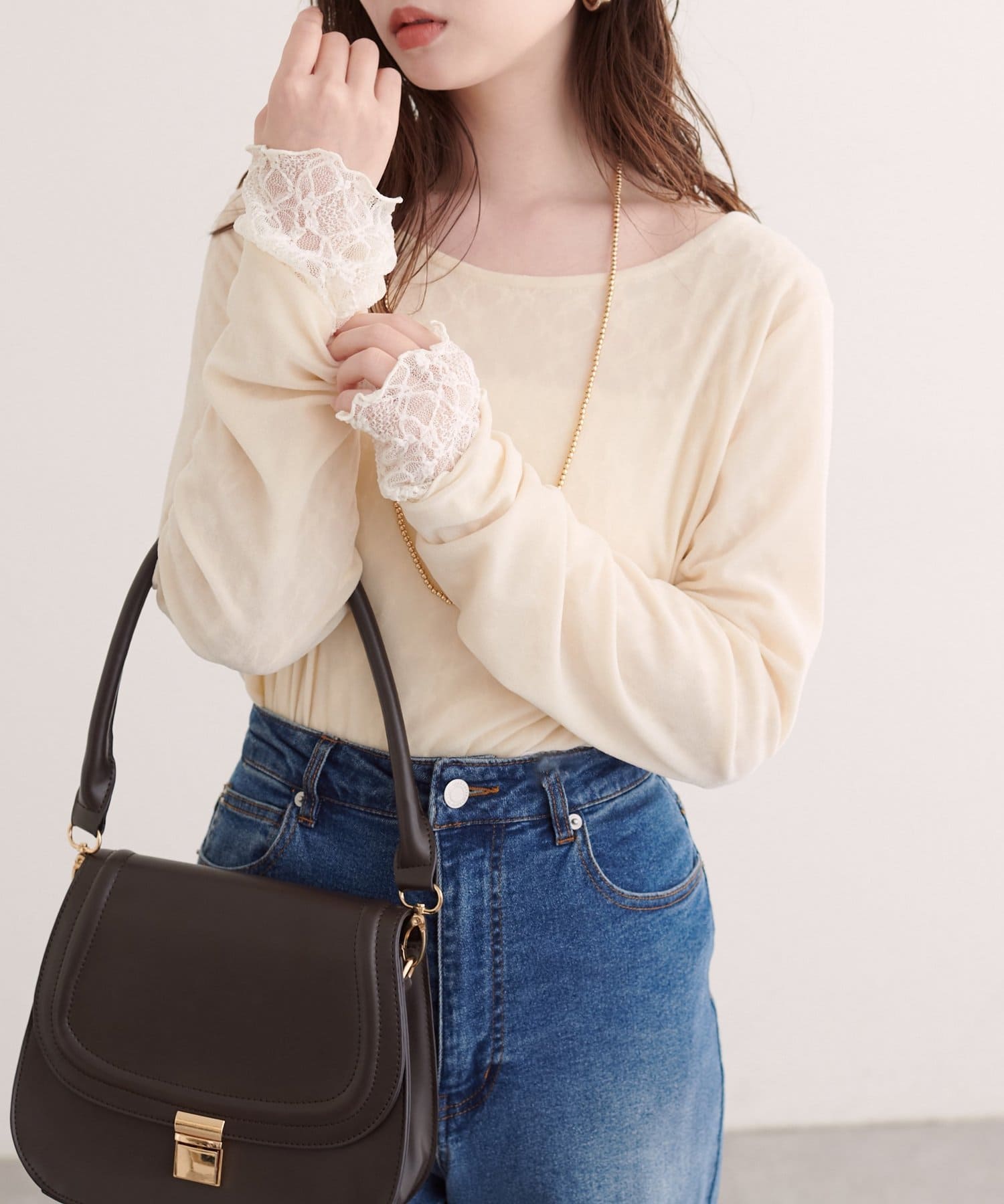 natural couture(ナチュラルクチュール) シアーベロア×レースリバーシブルTOPS