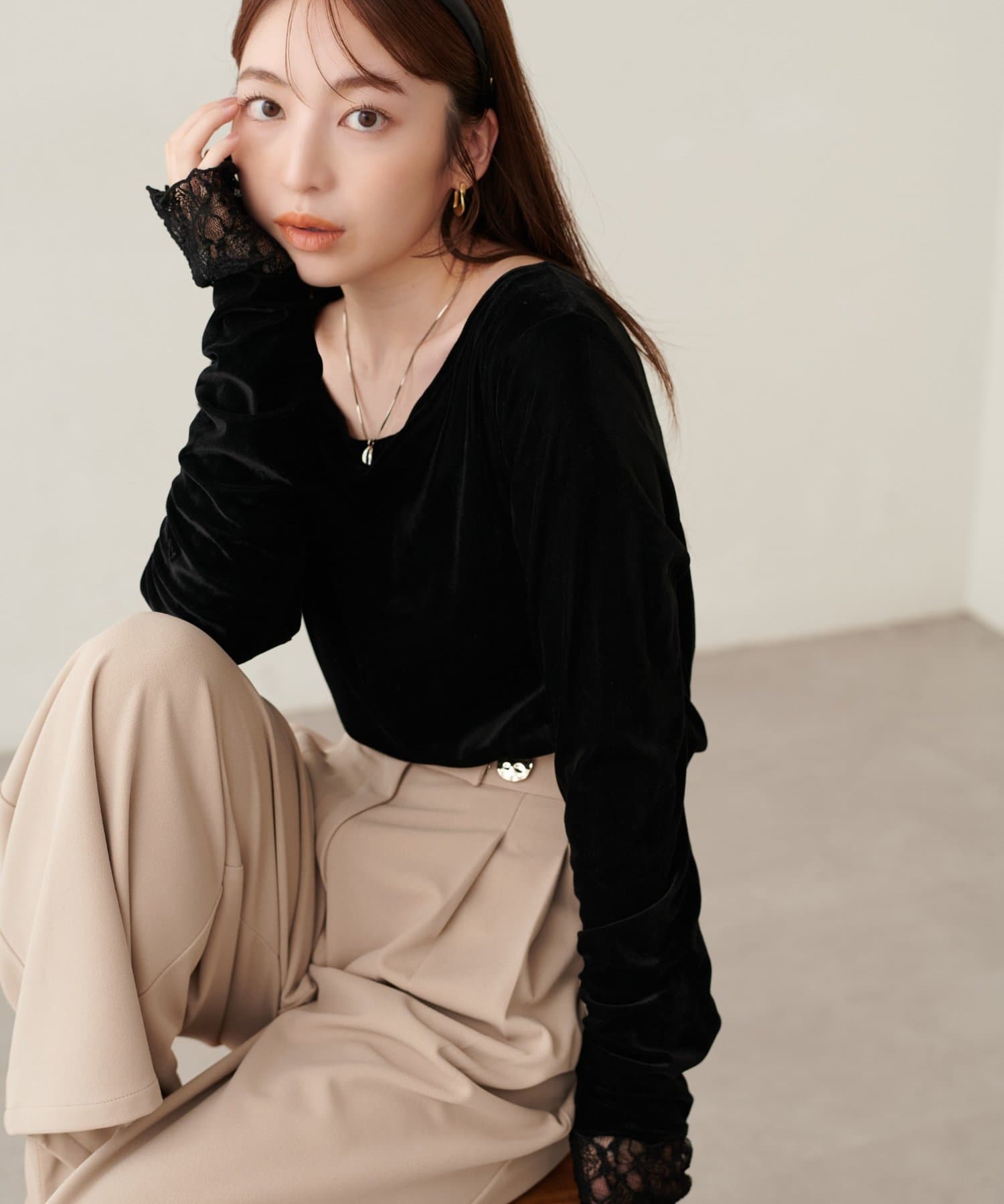 natural couture(ナチュラルクチュール) シアーベロア×レースリバーシブルTOPS