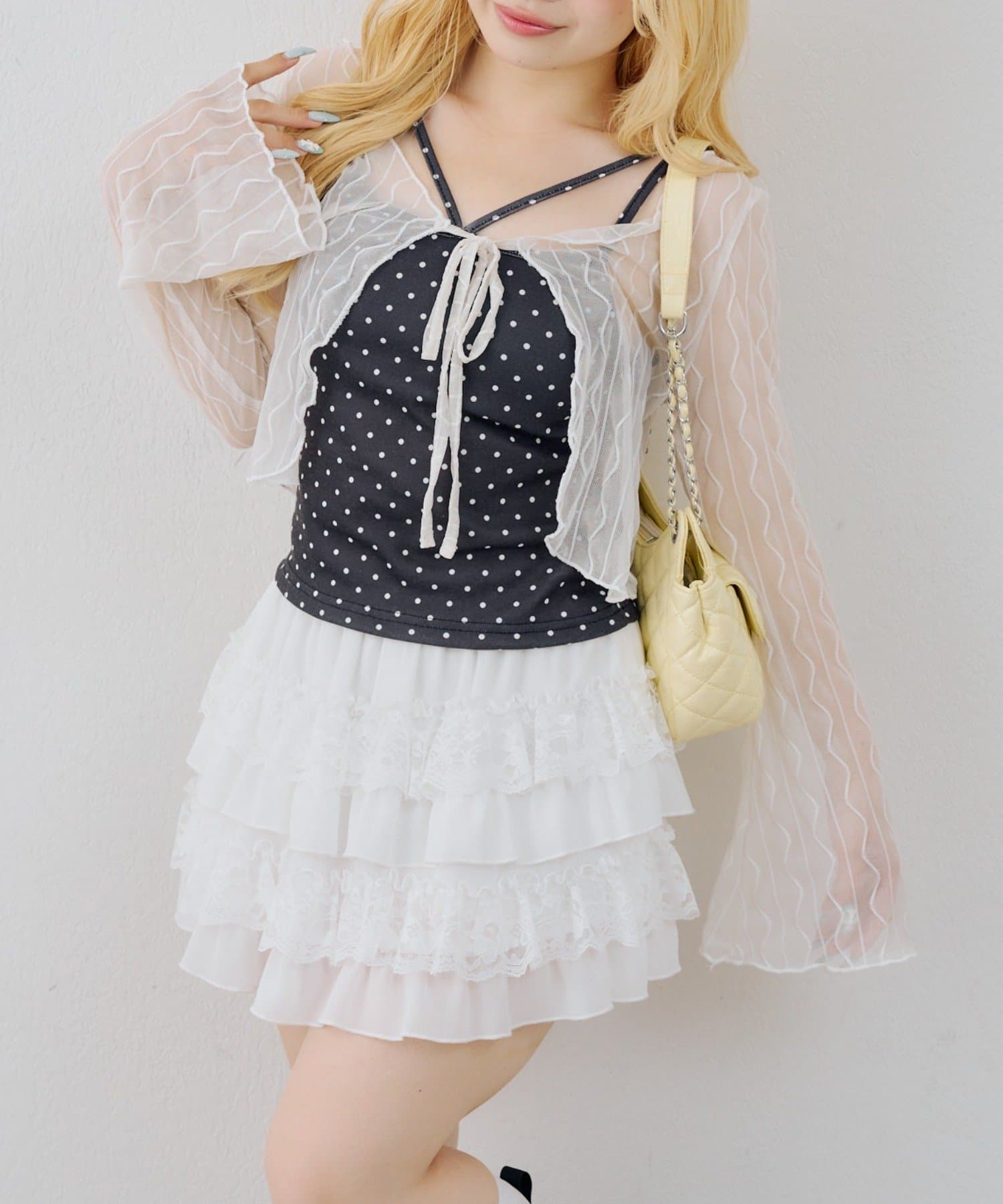 NICE CLAUP / OLIVE des OLIVE OUTLET(ナイスクラップ  / オリーブ デ オリーブ アウトレット) 【ANOTHER BRANCH】シアーカーディガン+ドットキャミアンサンブル