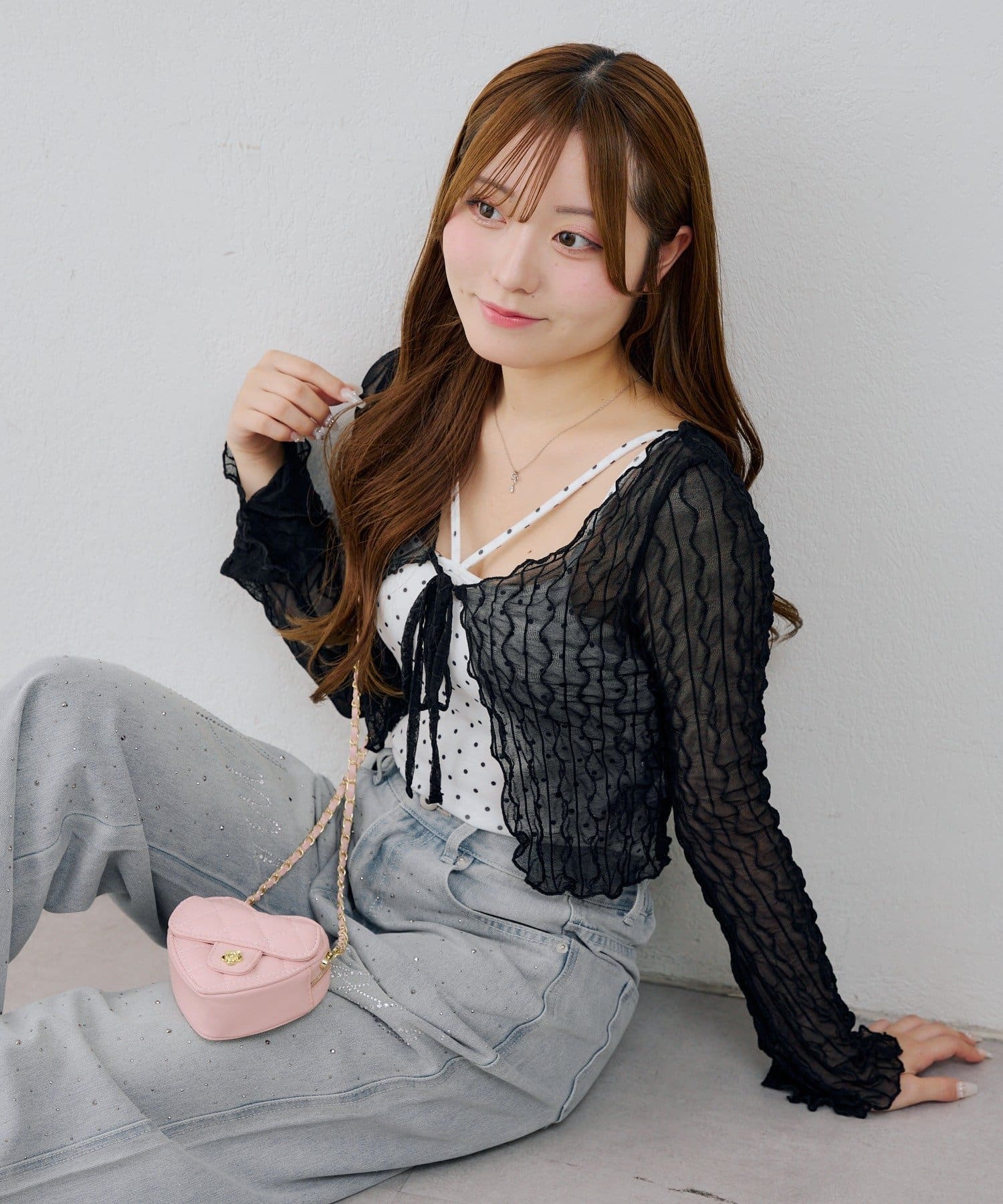 NICE CLAUP / OLIVE des OLIVE OUTLET(ナイスクラップ  / オリーブ デ オリーブ アウトレット) 【ANOTHER BRANCH】シアーカーディガン+ドットキャミアンサンブル
