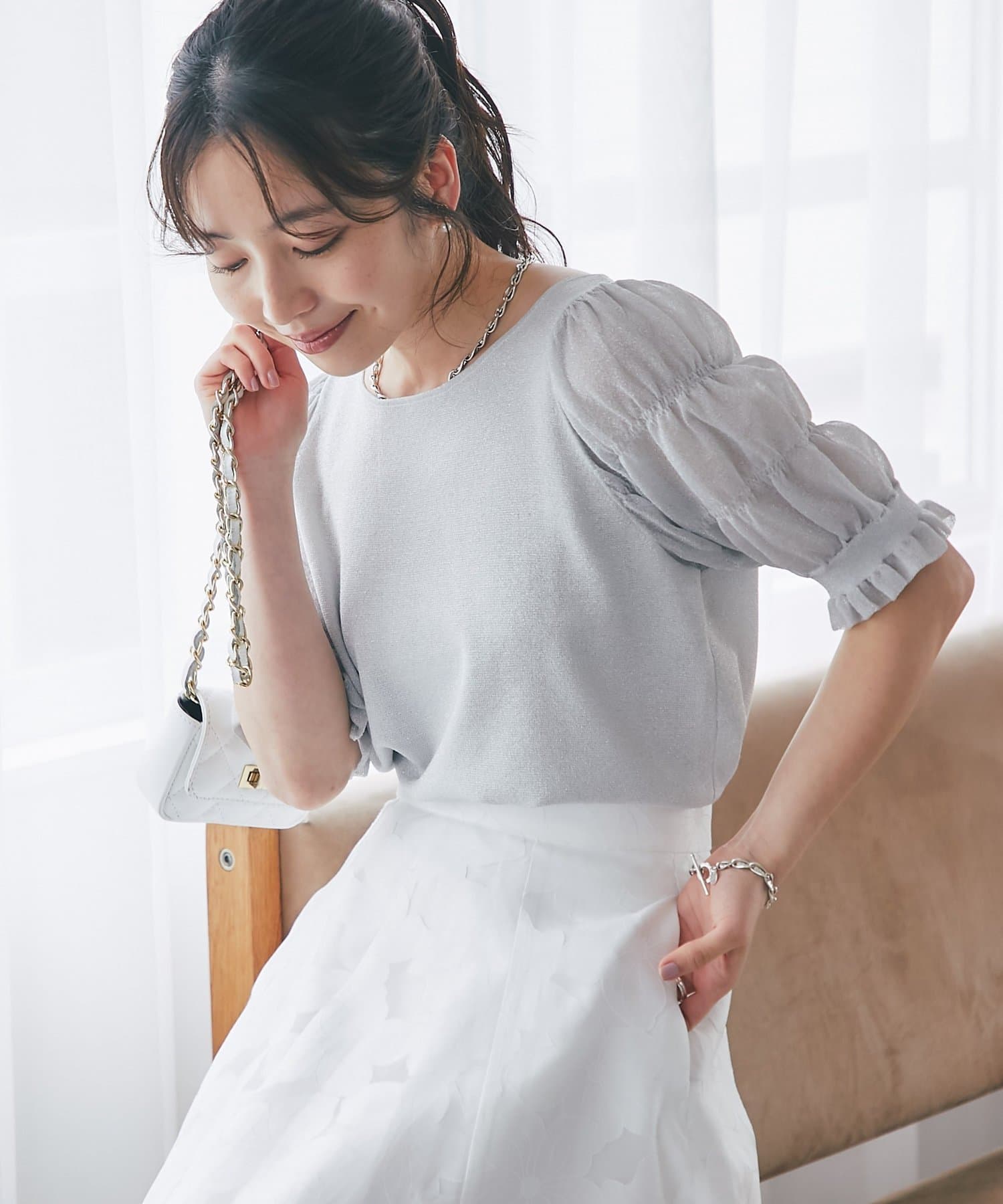 OUTLET(アウトレット) 【La boutique BonBon】シャーリング5分袖ラメニット