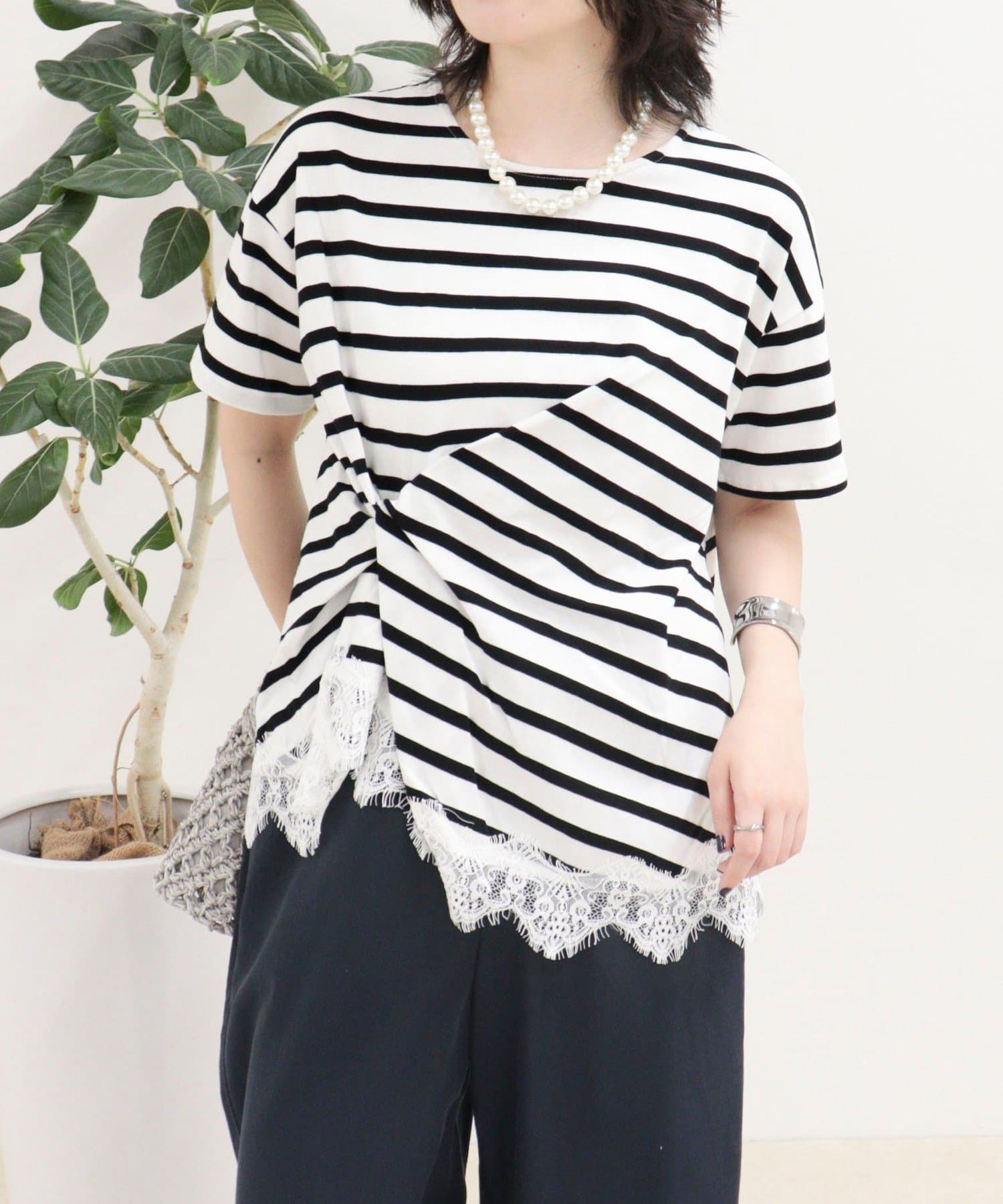 FREDY & GLOSTER(フレディ アンド グロスター) ボーダーアシメツイストプルオーバーTシャツ