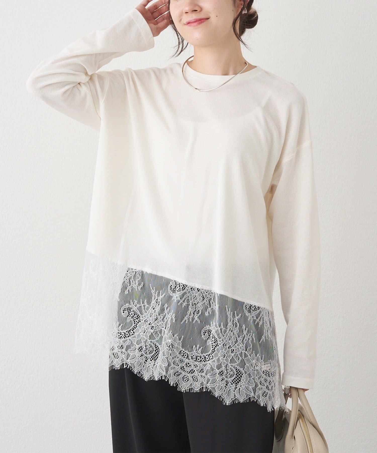PUAL CE CIN(ピュアルセシン) レースヘムシアーワッフルカットソー