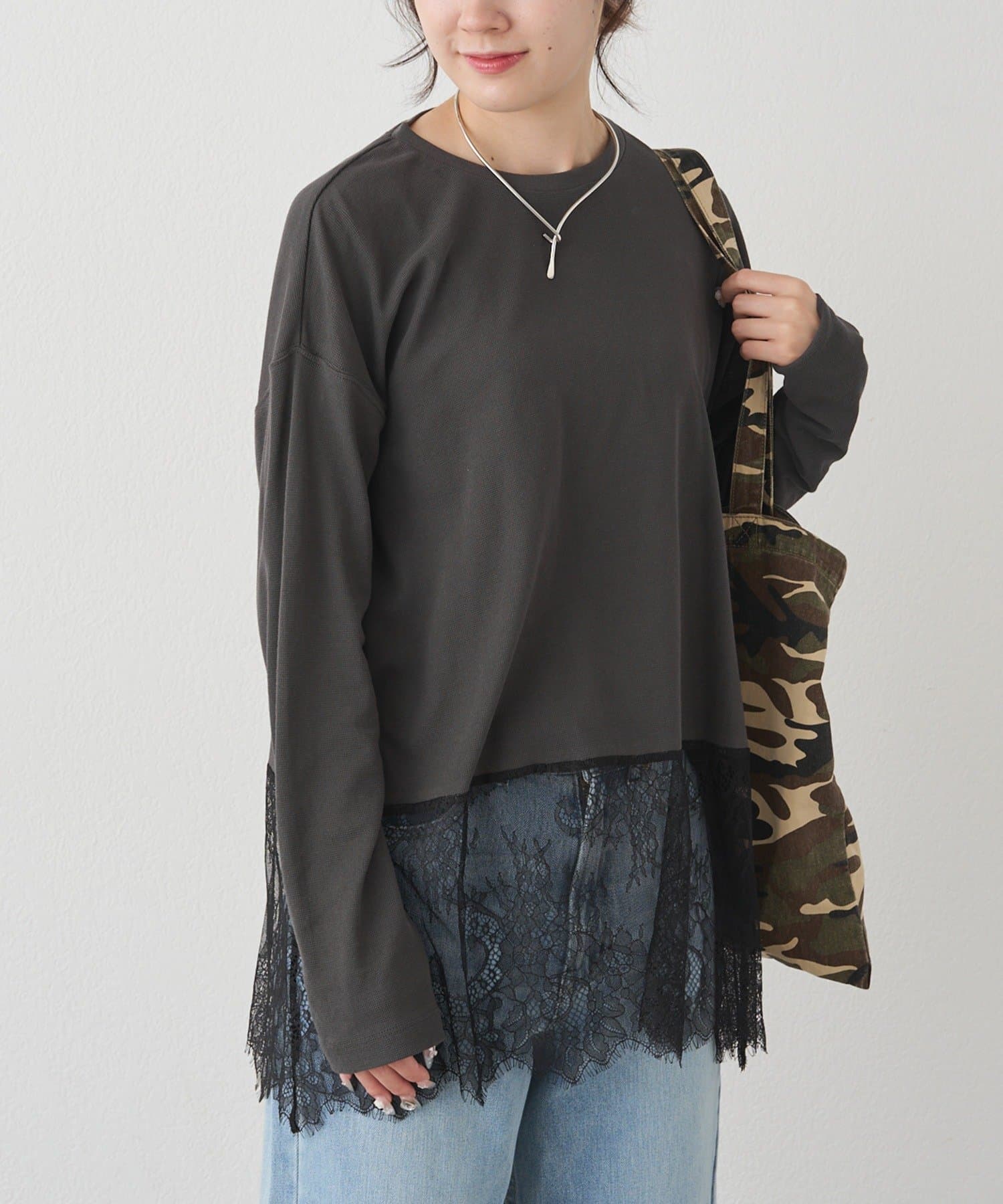PUAL CE CIN(ピュアルセシン) レースヘムシアーワッフルカットソー