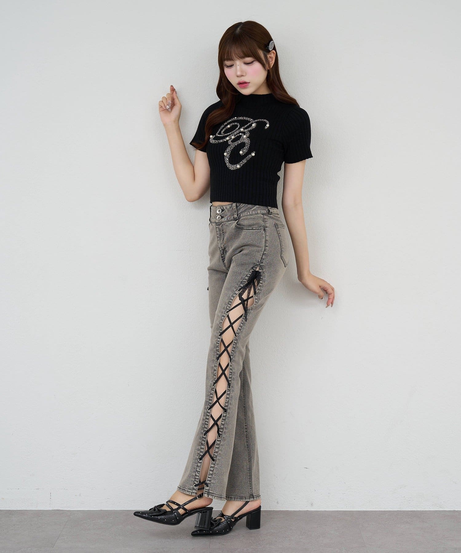 Belle Charme(ベルシャルム) Side Lace-up Flare Denim