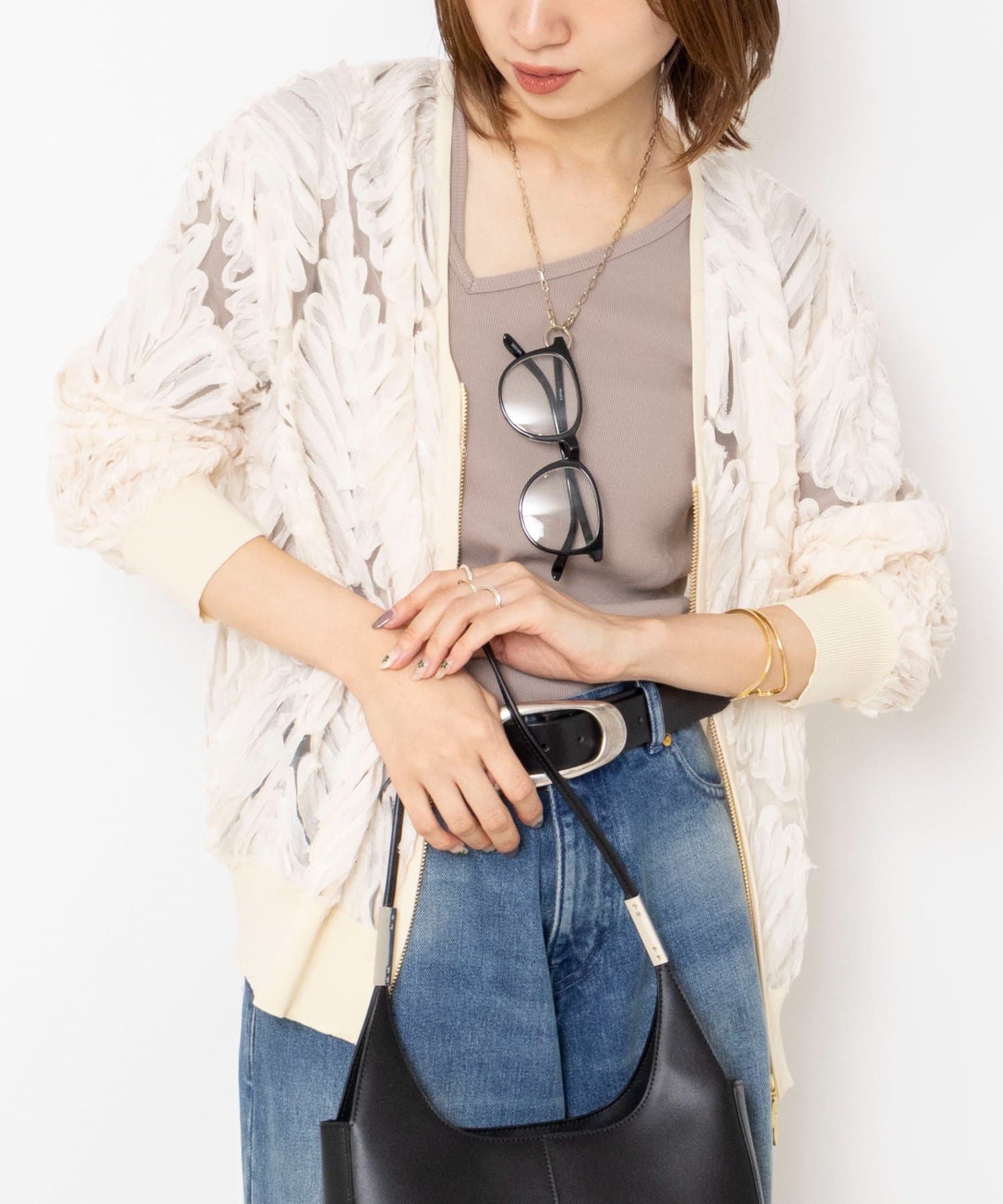 NOLLEY'S(ノーリーズ) 《手洗い可能》チュール刺繍ZIPカーディガン