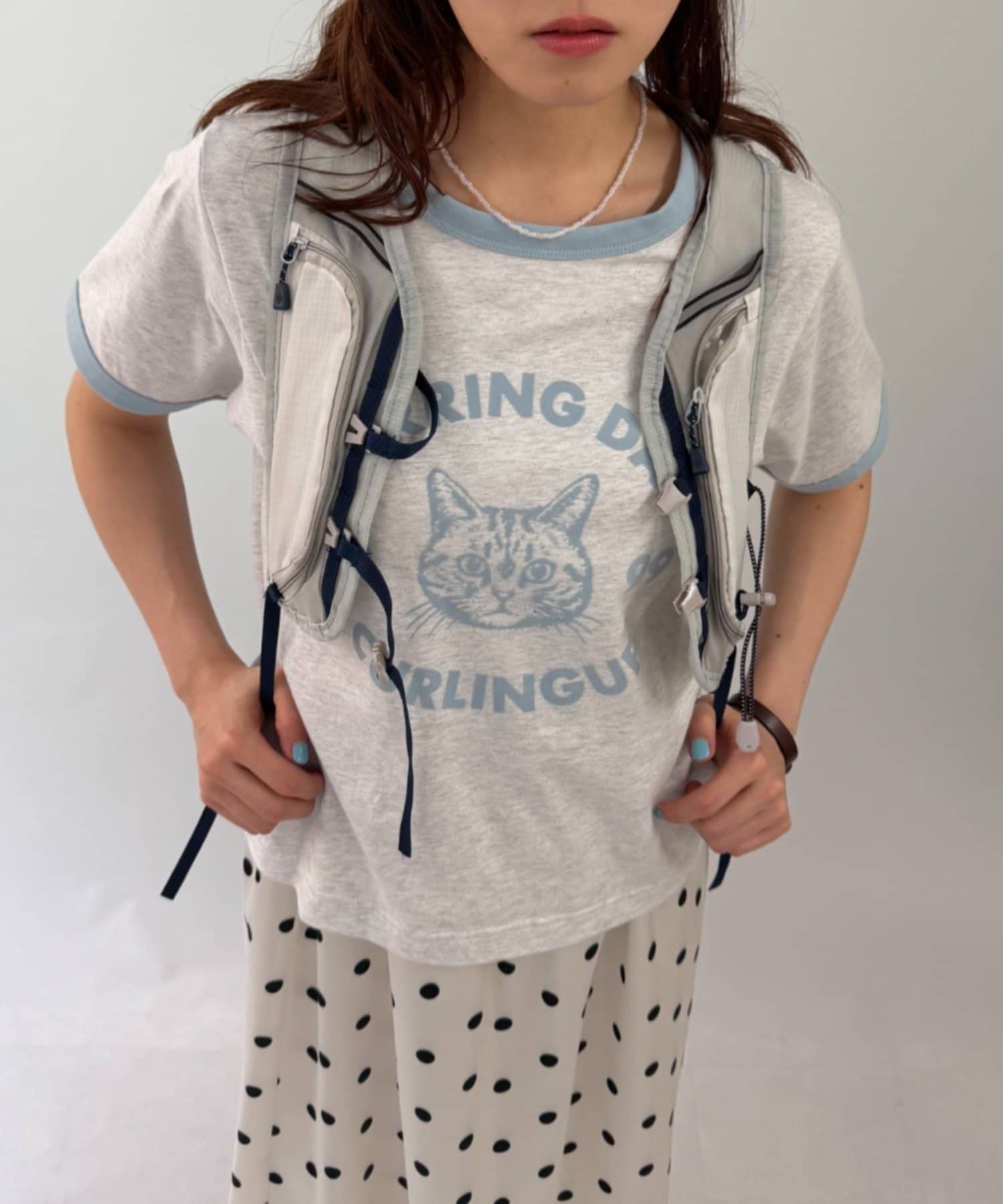 w closet(ダブルクローゼット) ネコプリントリンガーTシャツ