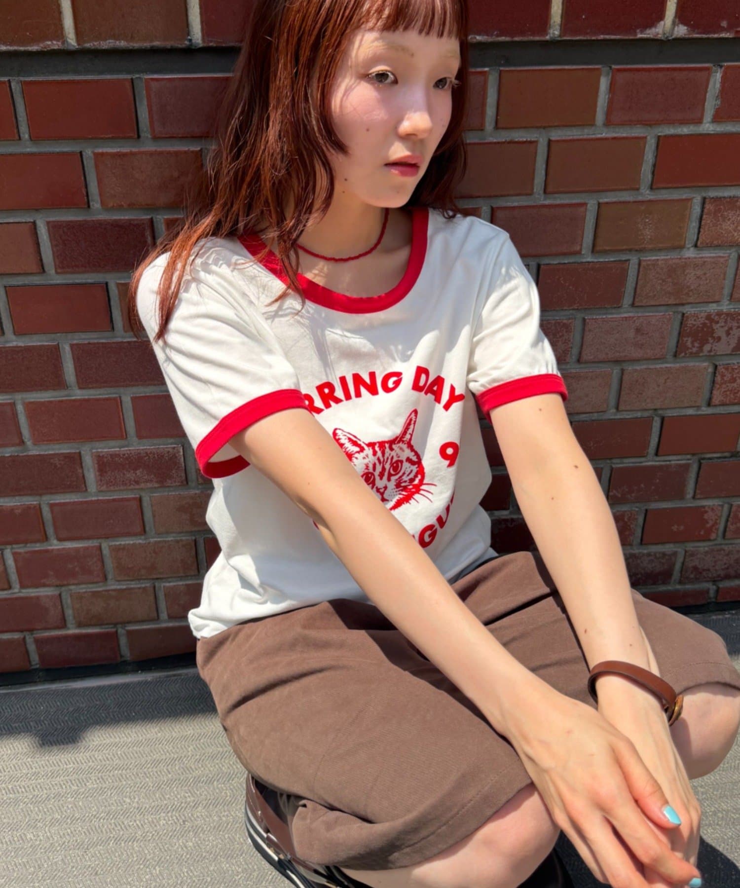 w closet(ダブルクローゼット) ネコプリントリンガーTシャツ
