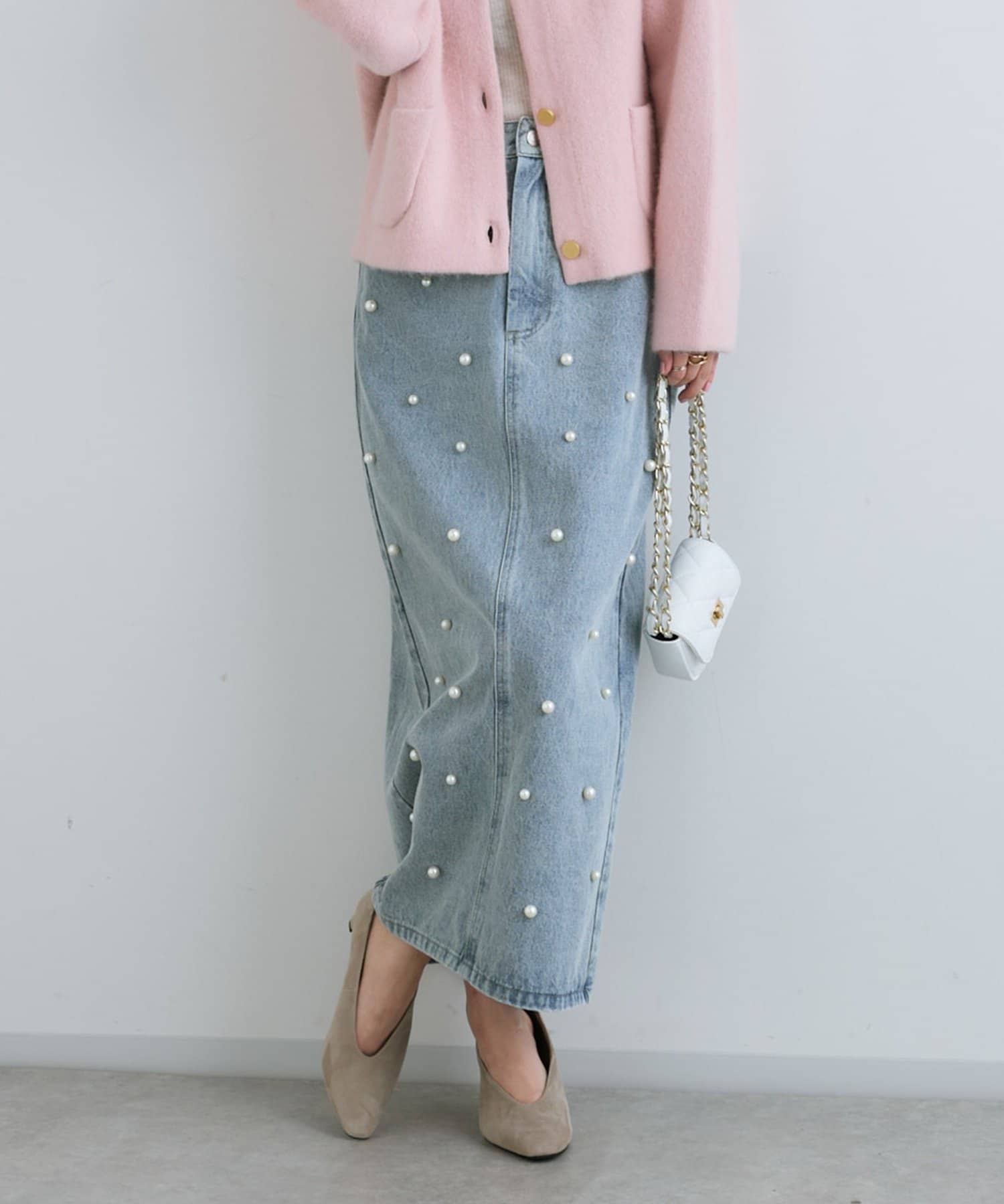 【美品】La boutique BonBon パール デニム タイト スカート La boutique BonBon】パール付きデニムタイトマキシスカート | OUTLET