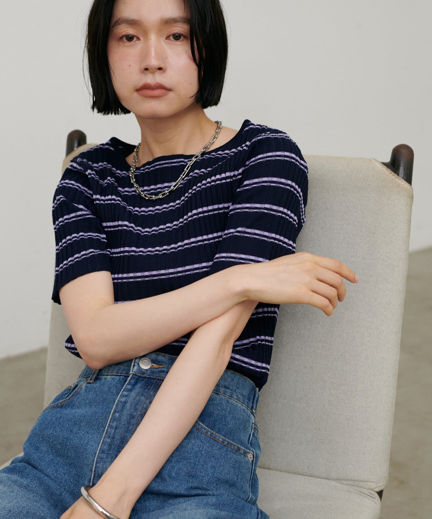 LARUTA(ラルータ) ボーダーリブ5分袖ニット
