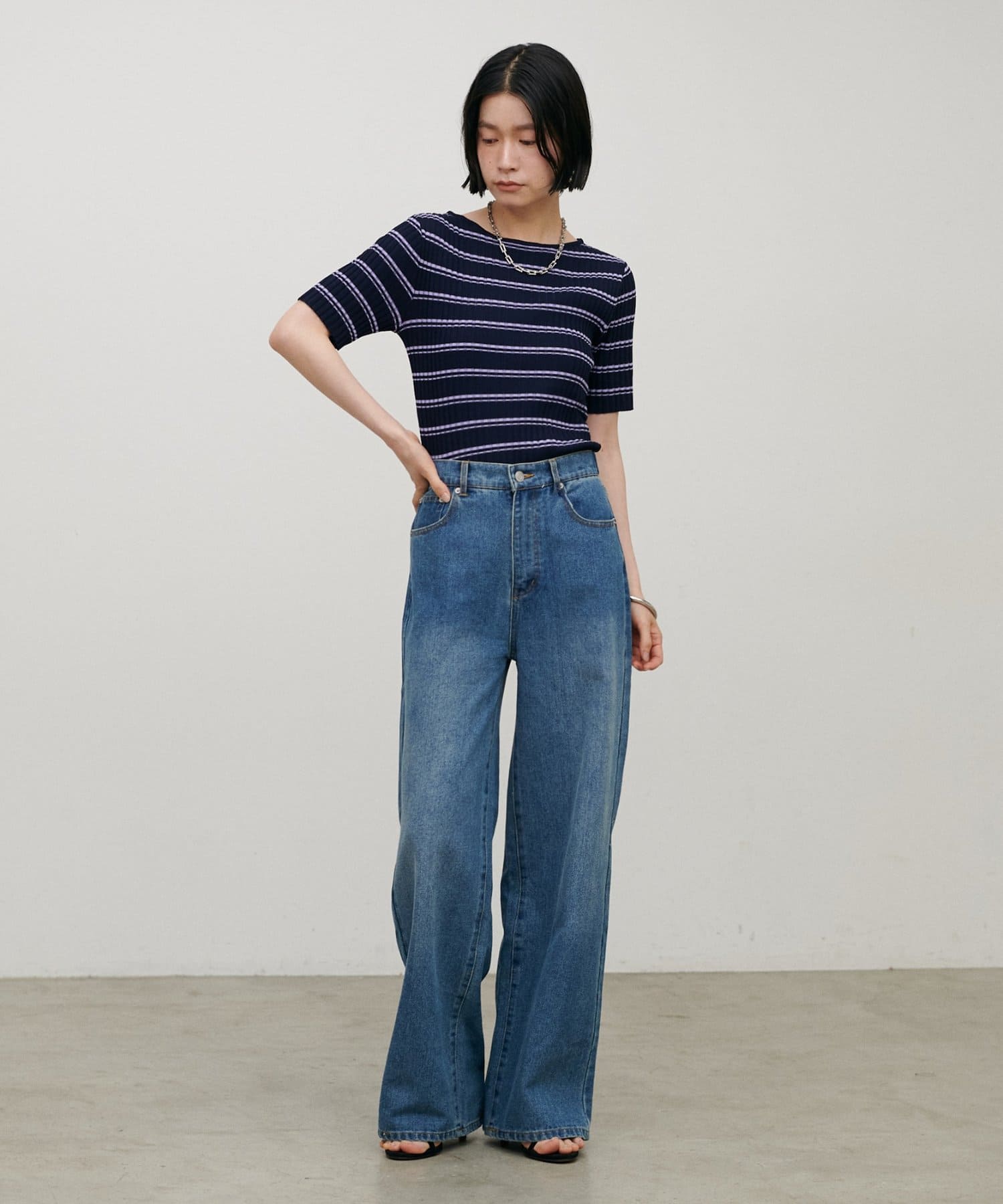LARUTA(ラルータ) ボーダーリブ5分袖ニット