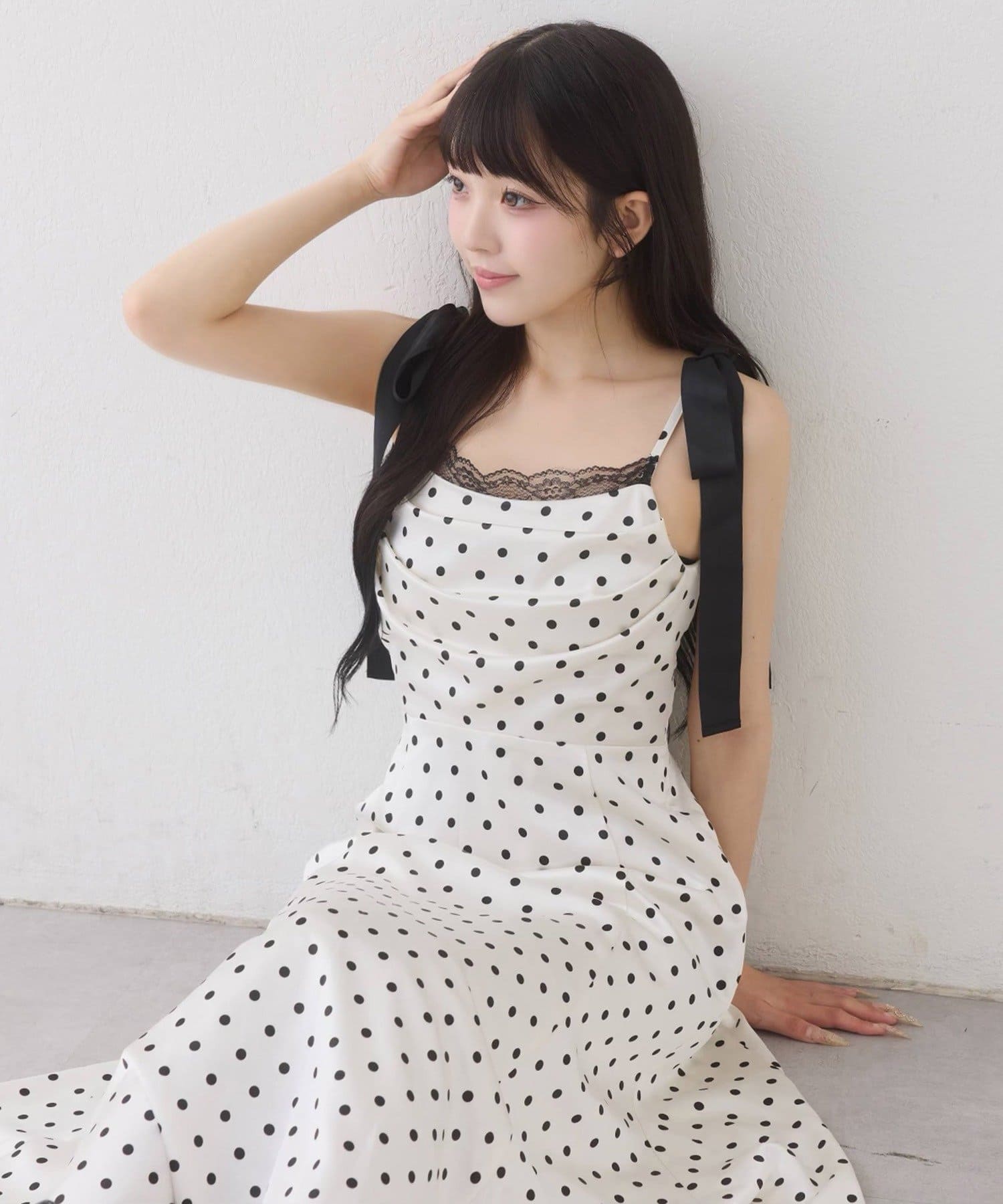 one after another NICE CLAUP(ワンアフターアナザー ナイスクラップ) 【WEB限定】肩リボンドレープロングワンピース