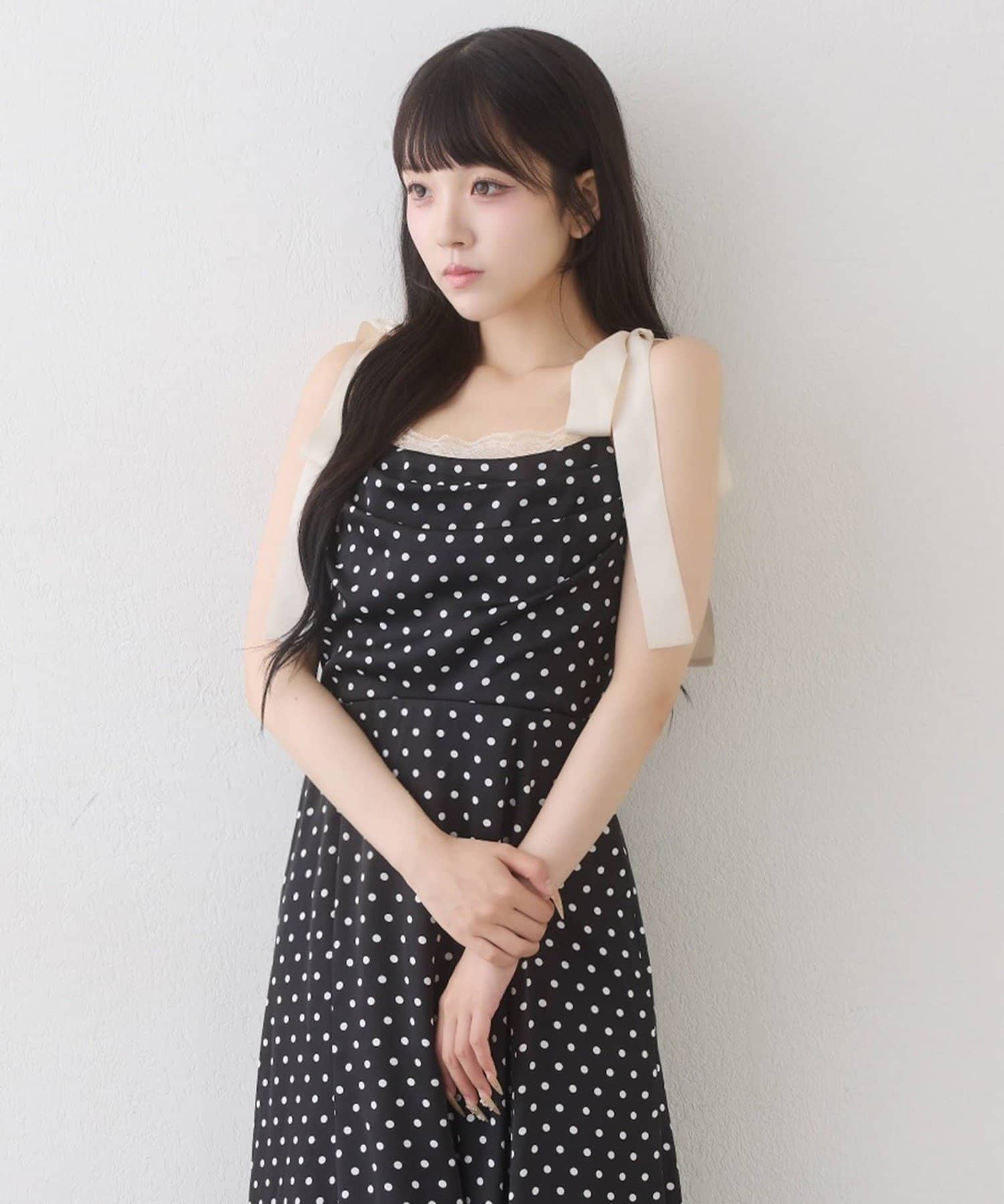 one after another NICE CLAUP(ワンアフターアナザー ナイスクラップ) 【WEB限定】肩リボンドレープロングワンピース