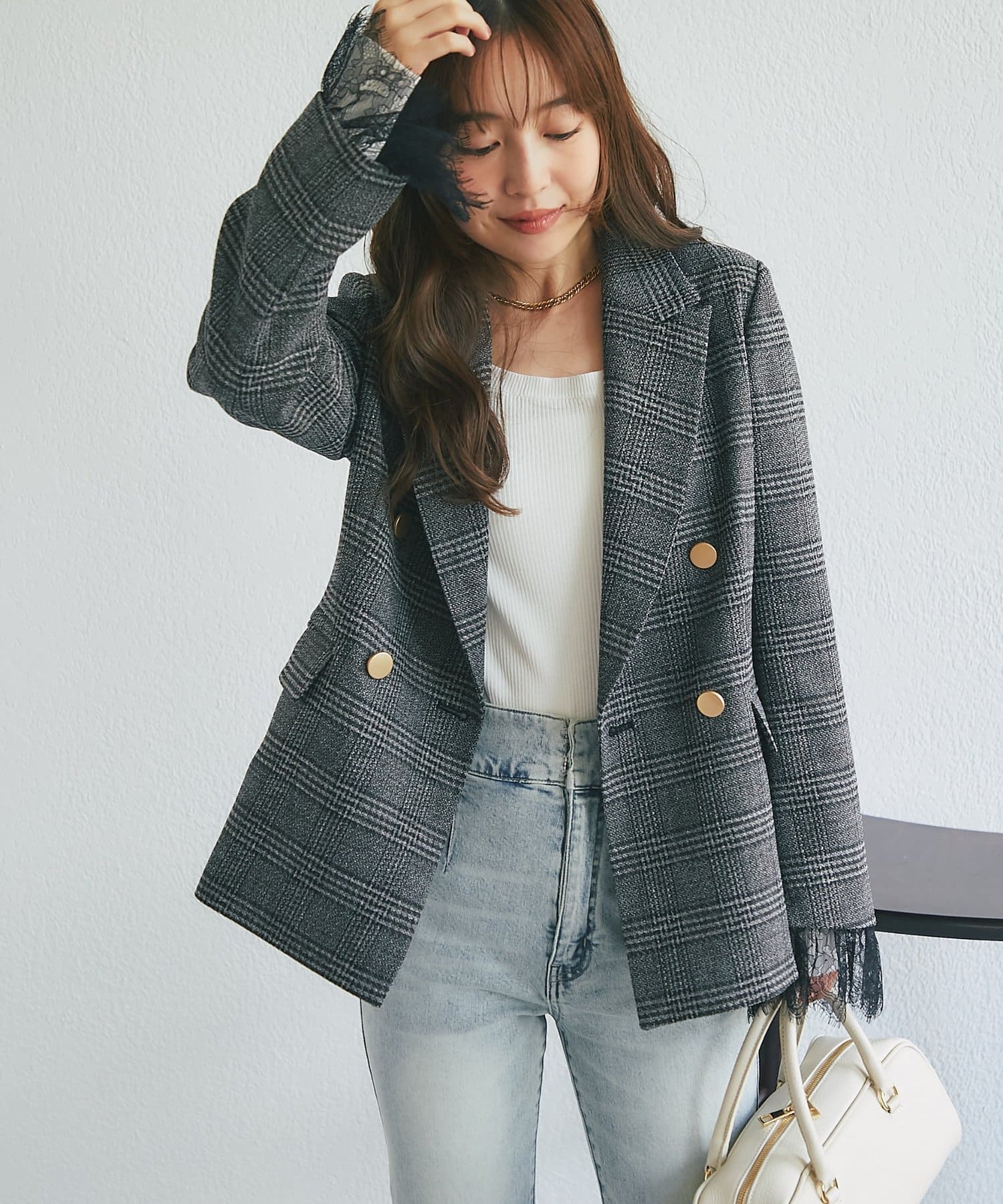 La boutique BonBon(ラブティックボンボン) 袖口レース付きツイードジャケット