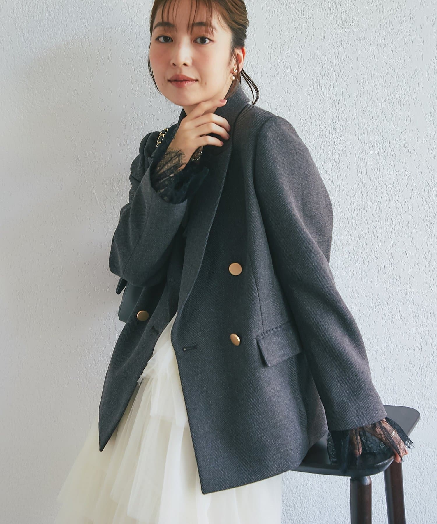 La boutique BonBon(ラブティックボンボン) 袖口レース付きツイードジャケット