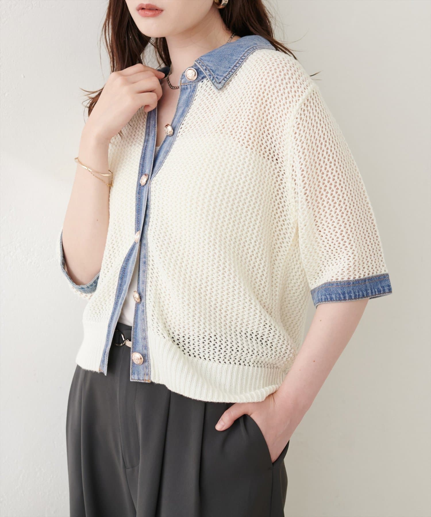 natural couture(ナチュラルクチュール) デニムドッキングメッシュニットTOPS