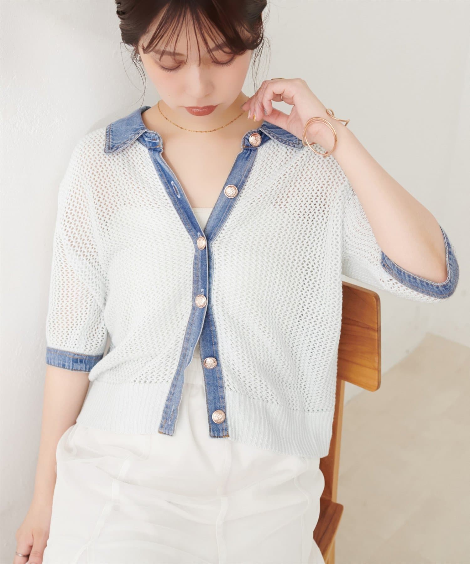 natural couture(ナチュラルクチュール) デニムドッキングメッシュニットTOPS