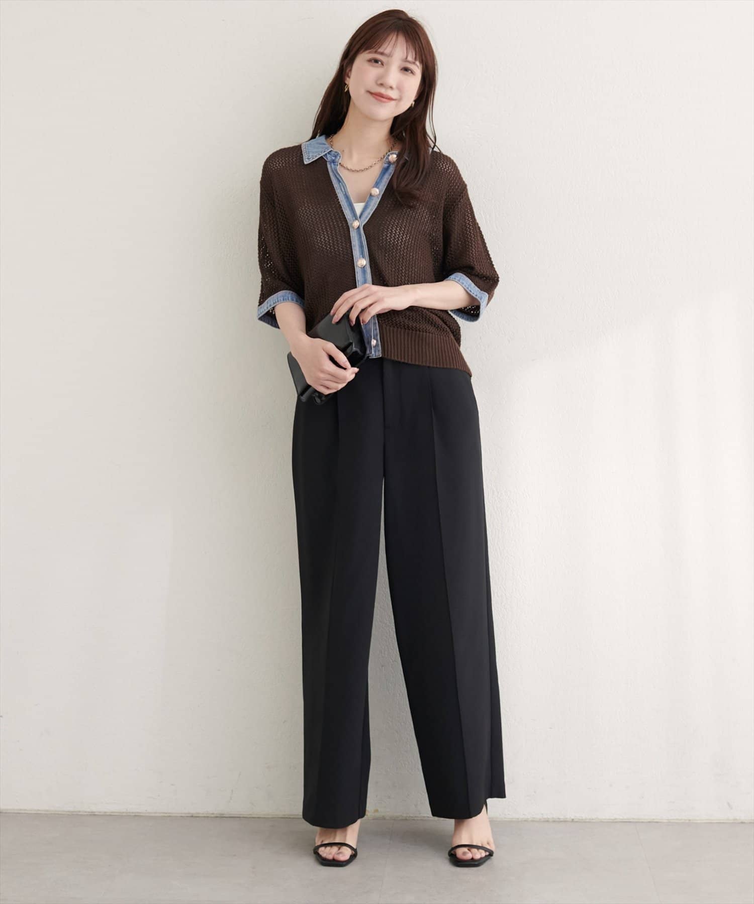 natural couture(ナチュラルクチュール) デニムドッキングメッシュニットTOPS