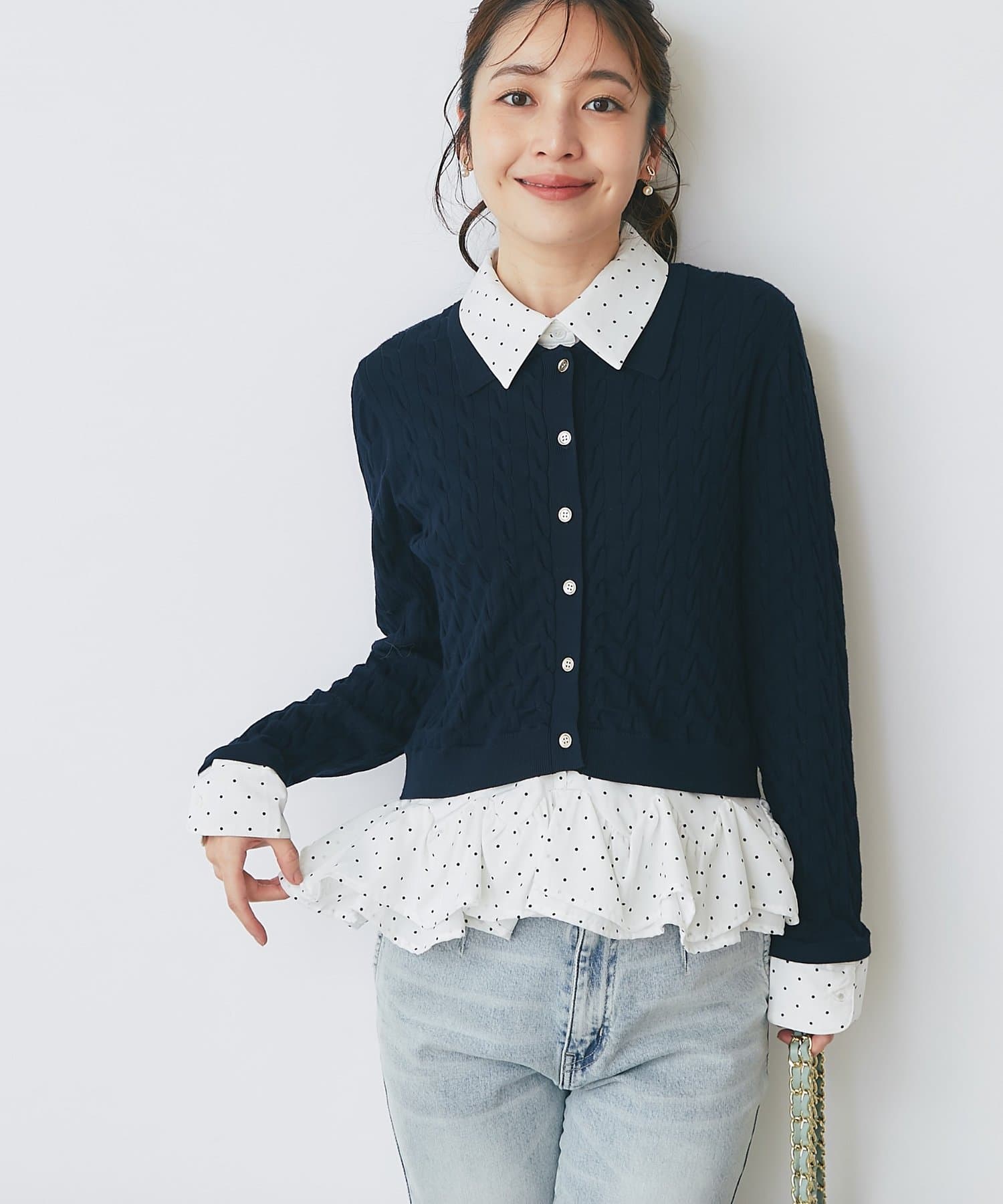 La boutique BonBon(ラブティックボンボン) 【新色登場！・取り外し可】シャツランダムペプラムケーブルカーディガン