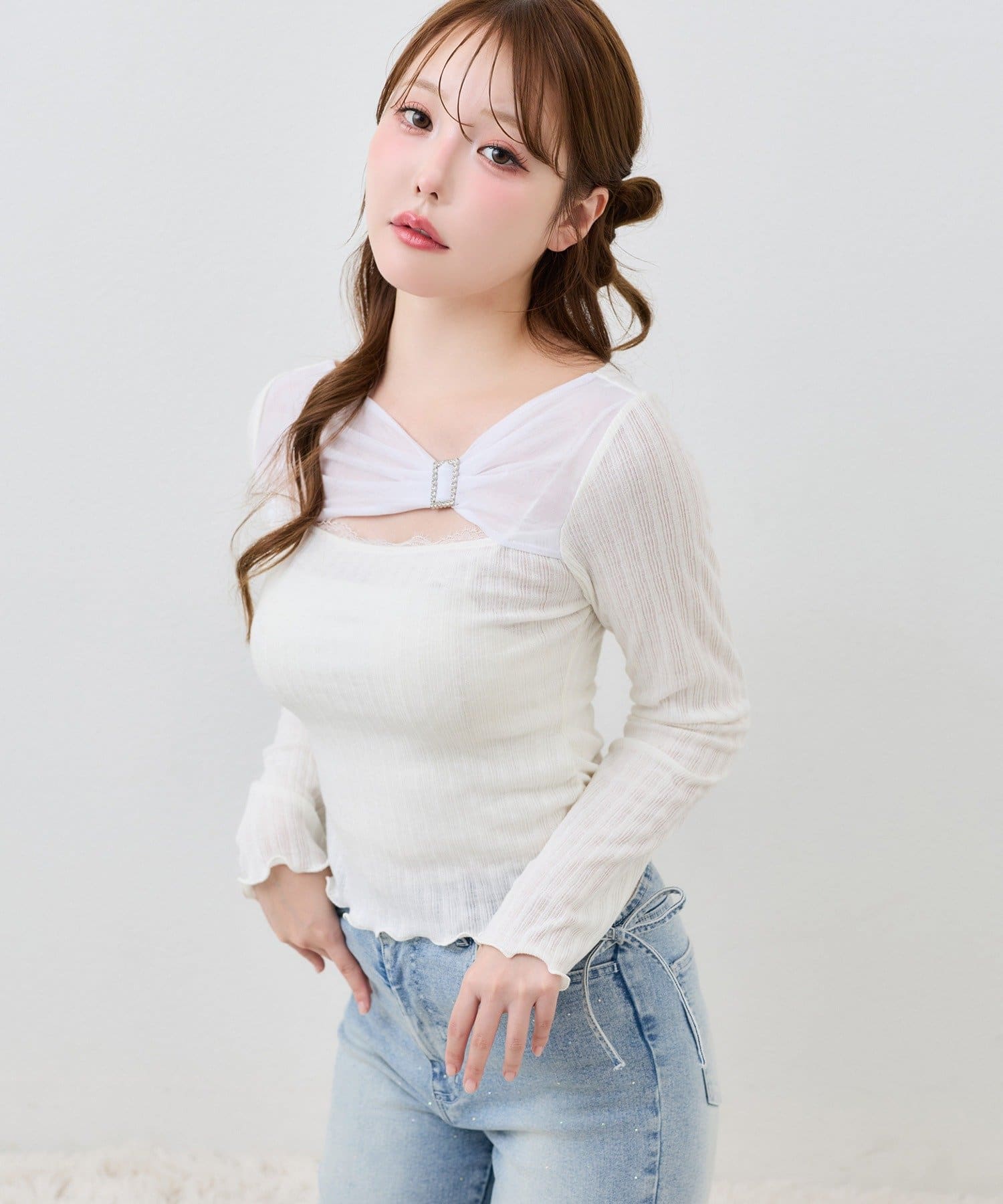 one after another NICE CLAUP(ワンアフターアナザー ナイスクラップ) バックル付きテレコトップス
