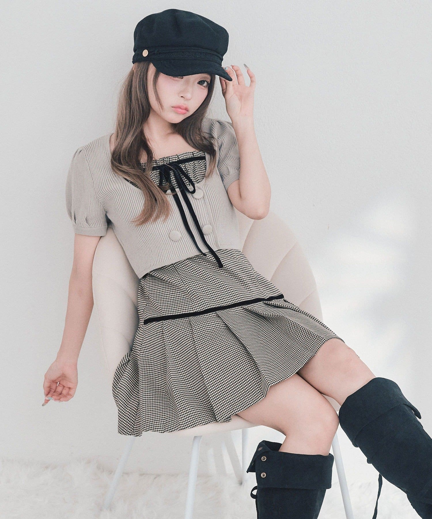 OLIVE des OLIVE(オリーブ デ オリーブ) パフ袖ニットとプリーツキャミワンピのセット