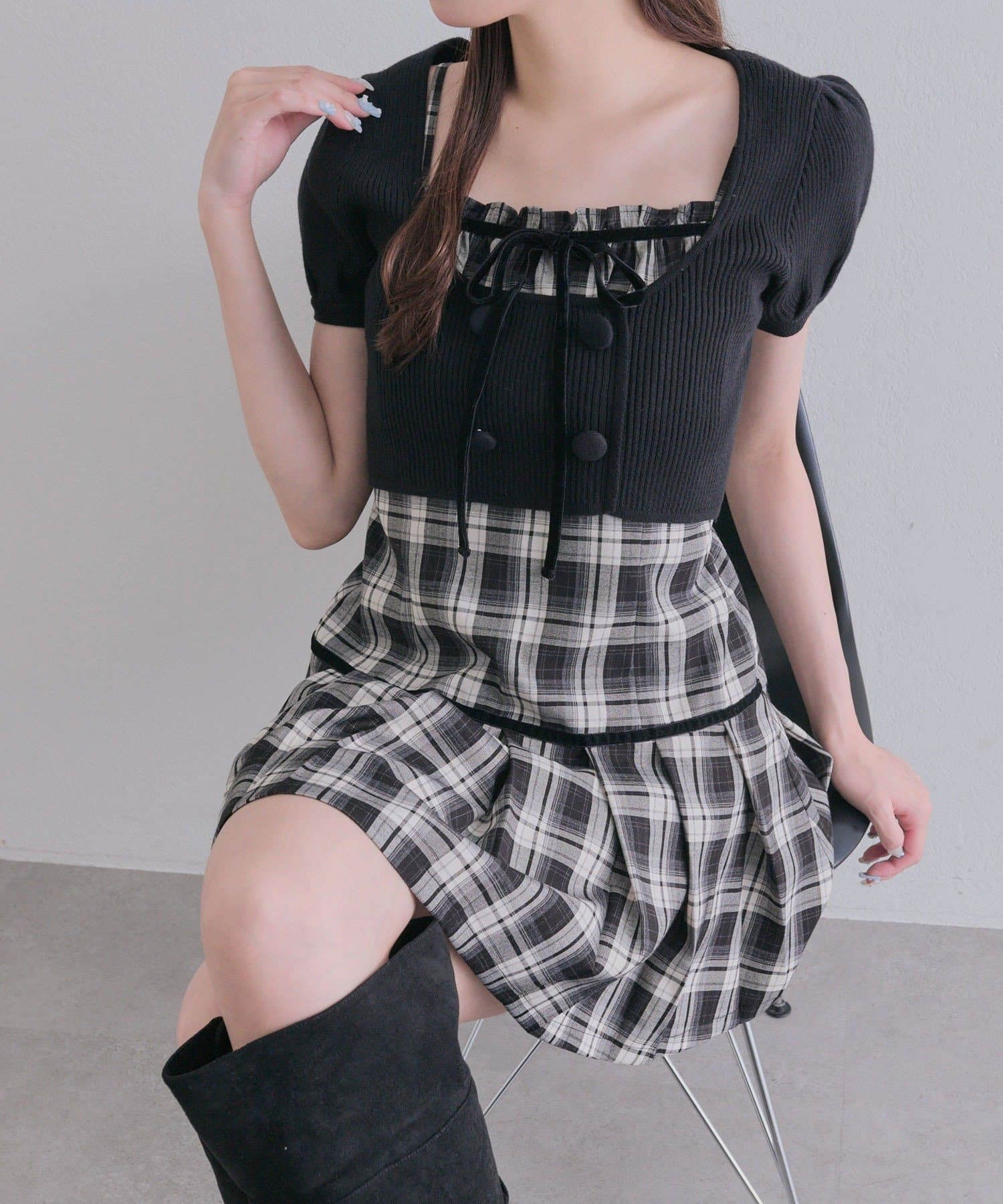 OLIVE des OLIVE(オリーブ デ オリーブ) パフ袖ニットとプリーツキャミワンピのセット