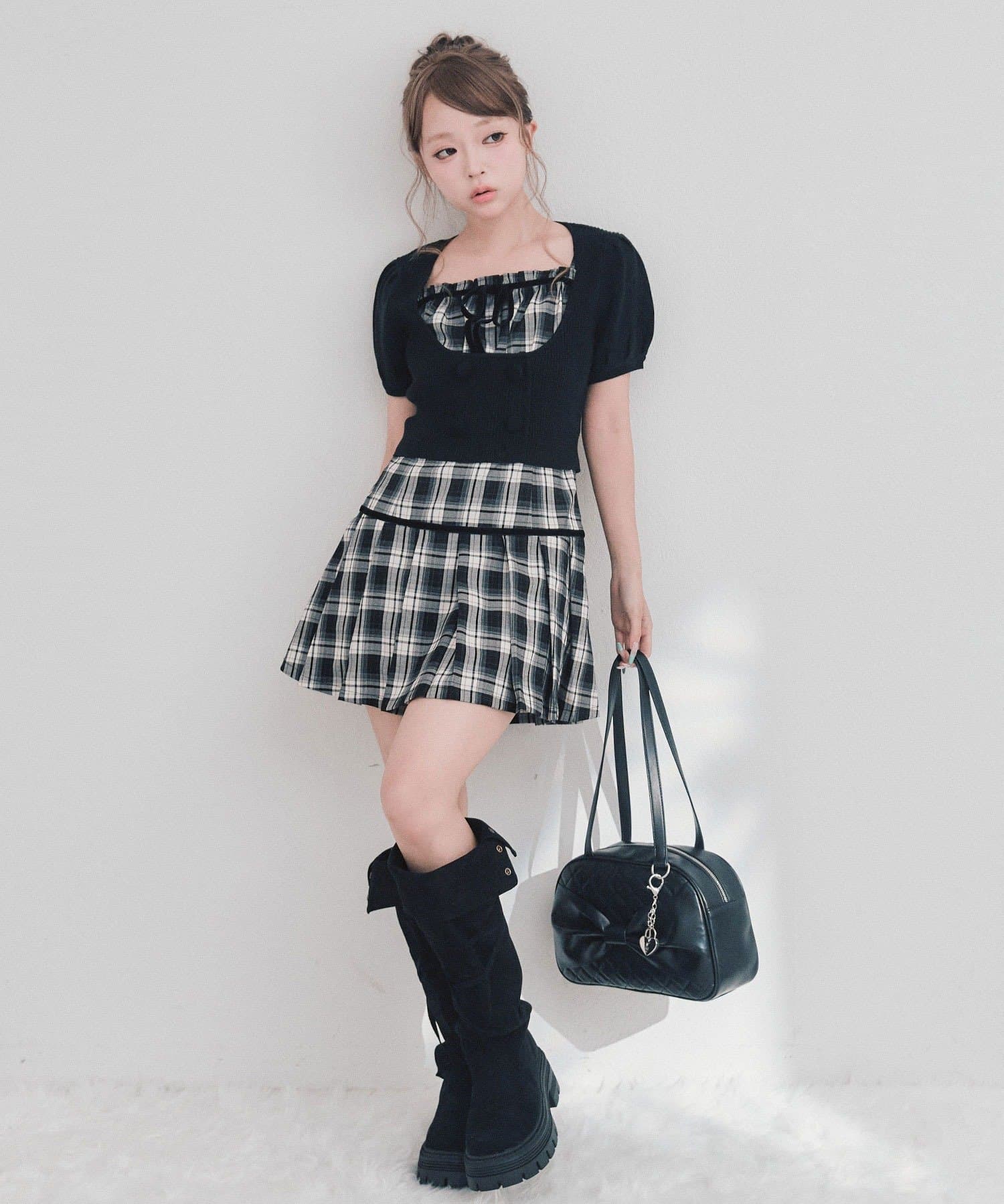 OLIVE des OLIVE(オリーブ デ オリーブ) パフ袖ニットとプリーツキャミワンピのセット