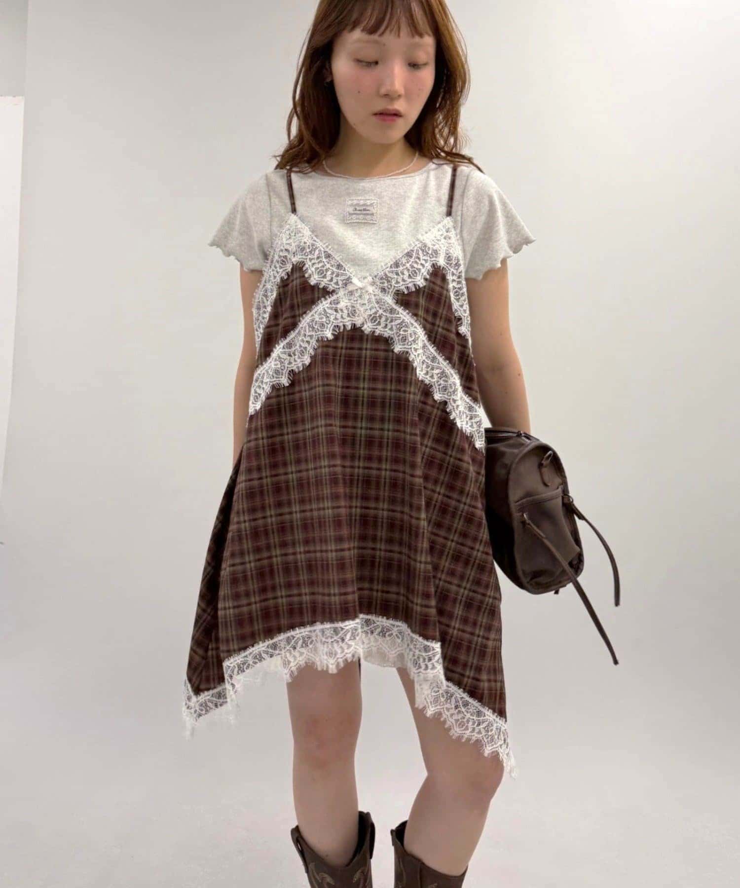 w closet(ダブルクローゼット) イレヘムチェックミニキャミワンピース