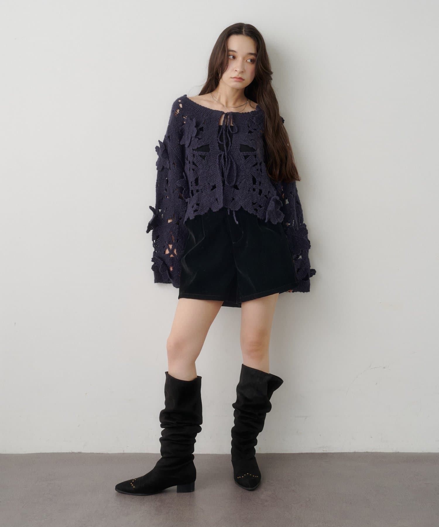 Kastane(カスタネ) 【着映え/前後2way】フラワーモチーフニットカーデ