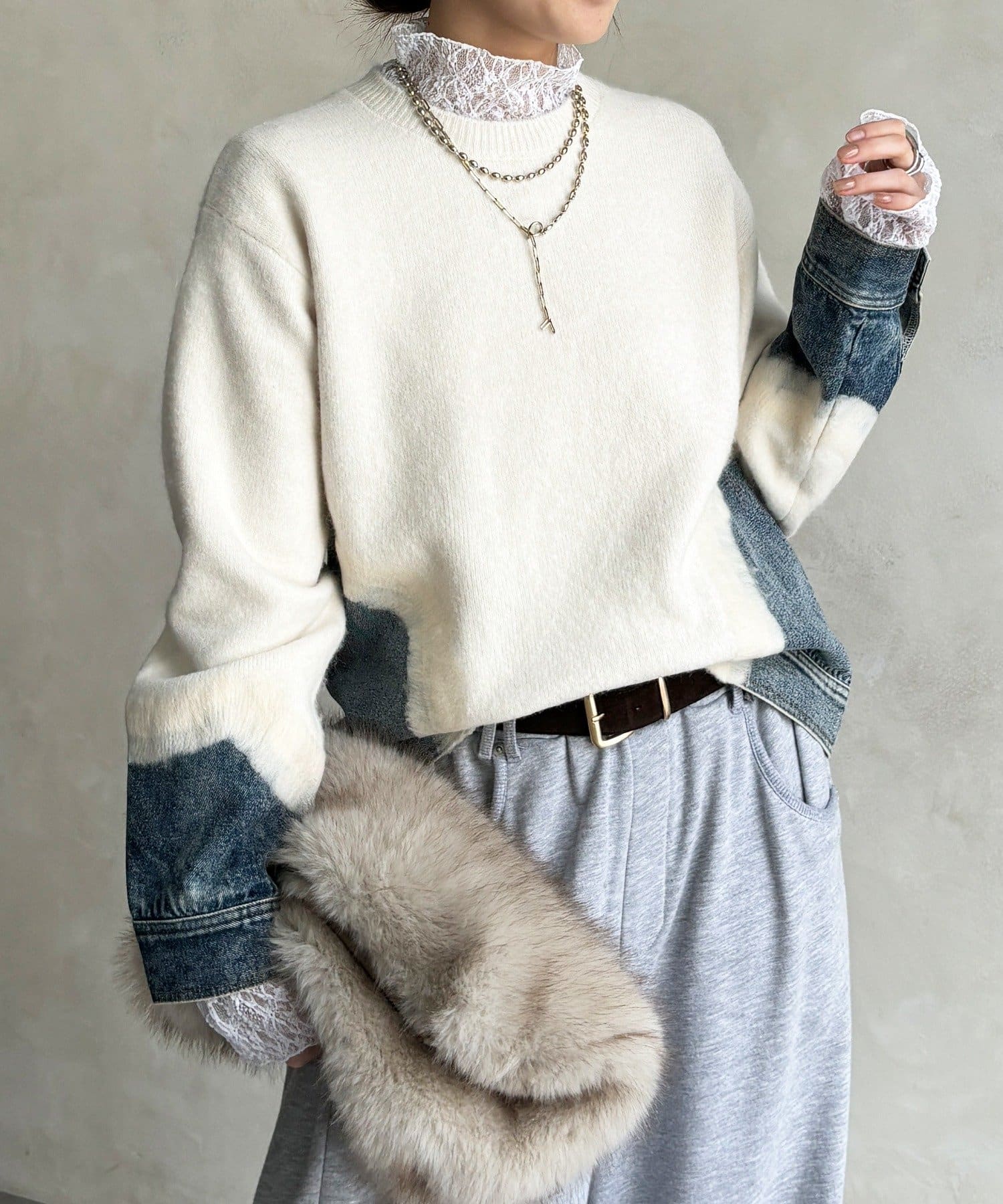 DOUDOU(ドゥドゥ) 【WEB限定】リメイクデニム×ニットプルオーバー